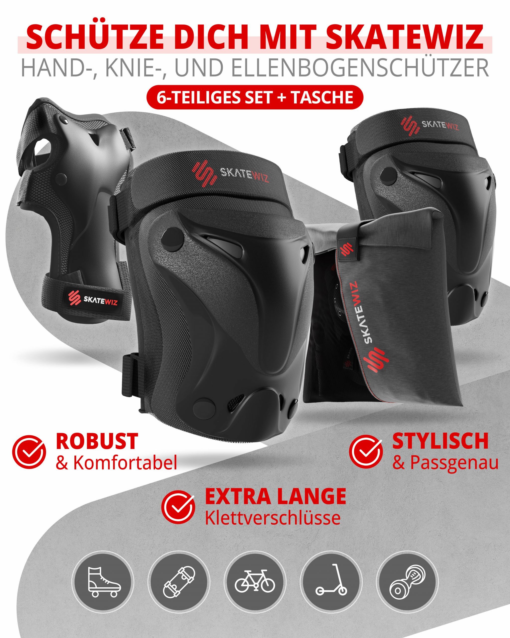 SKATEWIZ Protektoren-Set Schützer Skateboard ab 8 Jahre Protektoren Kinder und Erwachsene (Inline Skate Schonerset, 6-tlg., Knieschoner Geschenke für Kinder - I – Bild 3 von 5