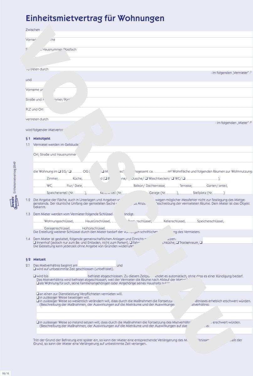Avery Zweckform Formularblock Vordruck Mietvertrag A4 4-seitig Packung mit 5 Stück