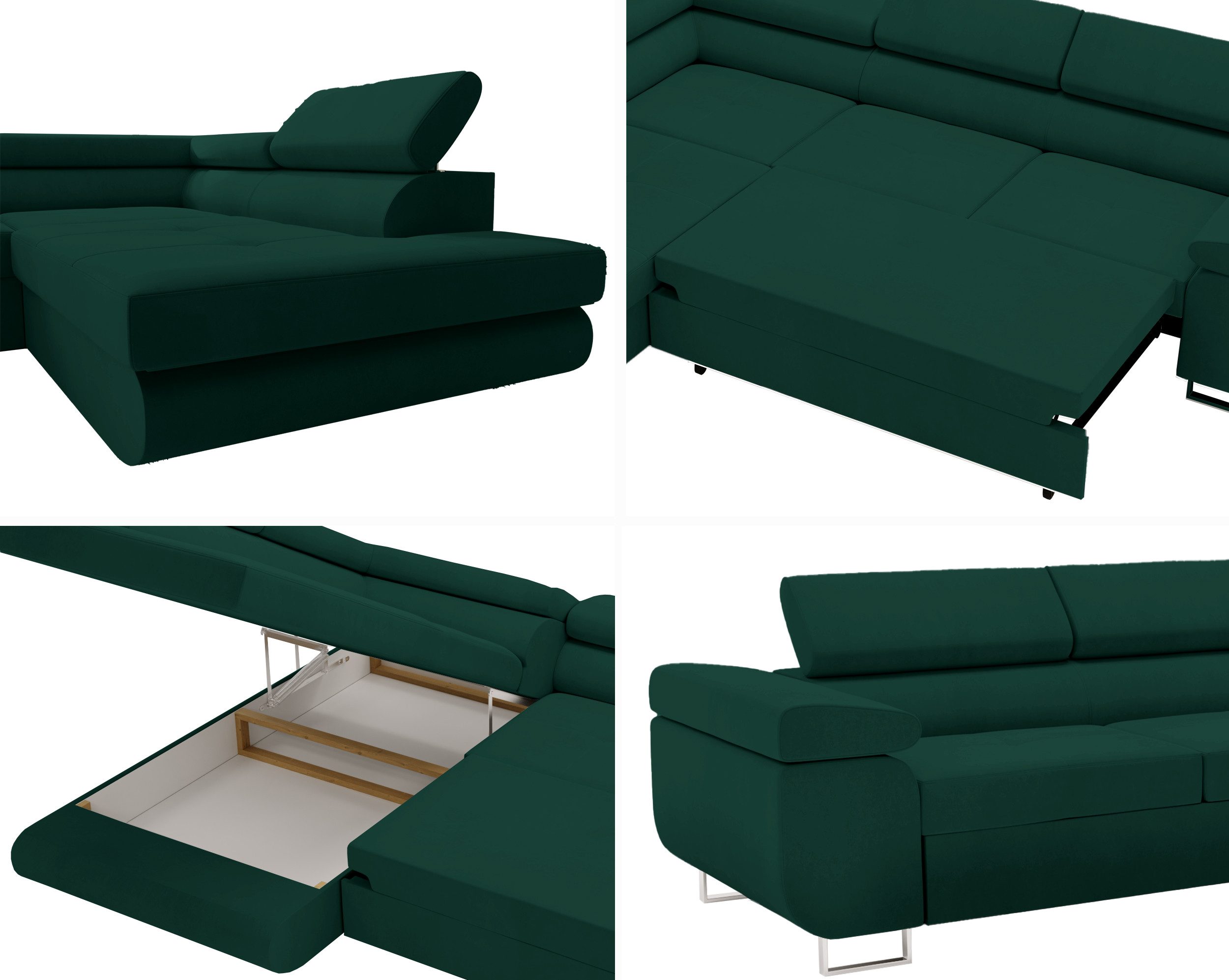 Goldstoff Ecksofa mit Schlaffunktion & Bettkasten - hochwertiges Sofa, Couch mit Schlaffunktion für Wohnzimmer - Schlafsofa - Eckcouch, Eckcouch mit praktischem Bettkasten in grün