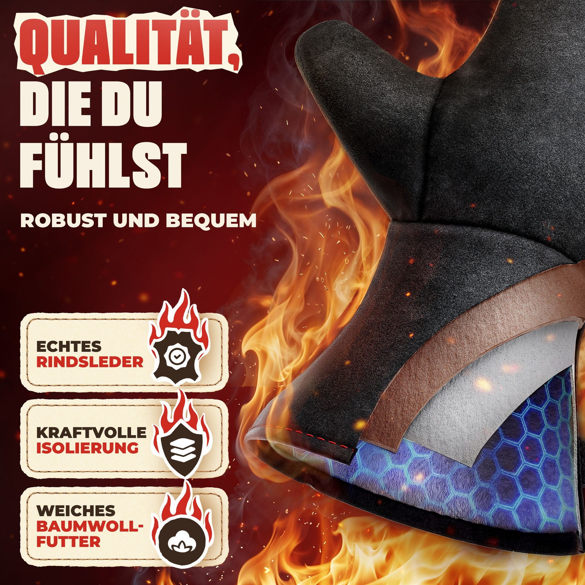 achilles Grillhandschuhe Grillhandschuh Kaminhandschuh mit Isolierung Ofenhanschuh aus Leder – Bild 4 von 5