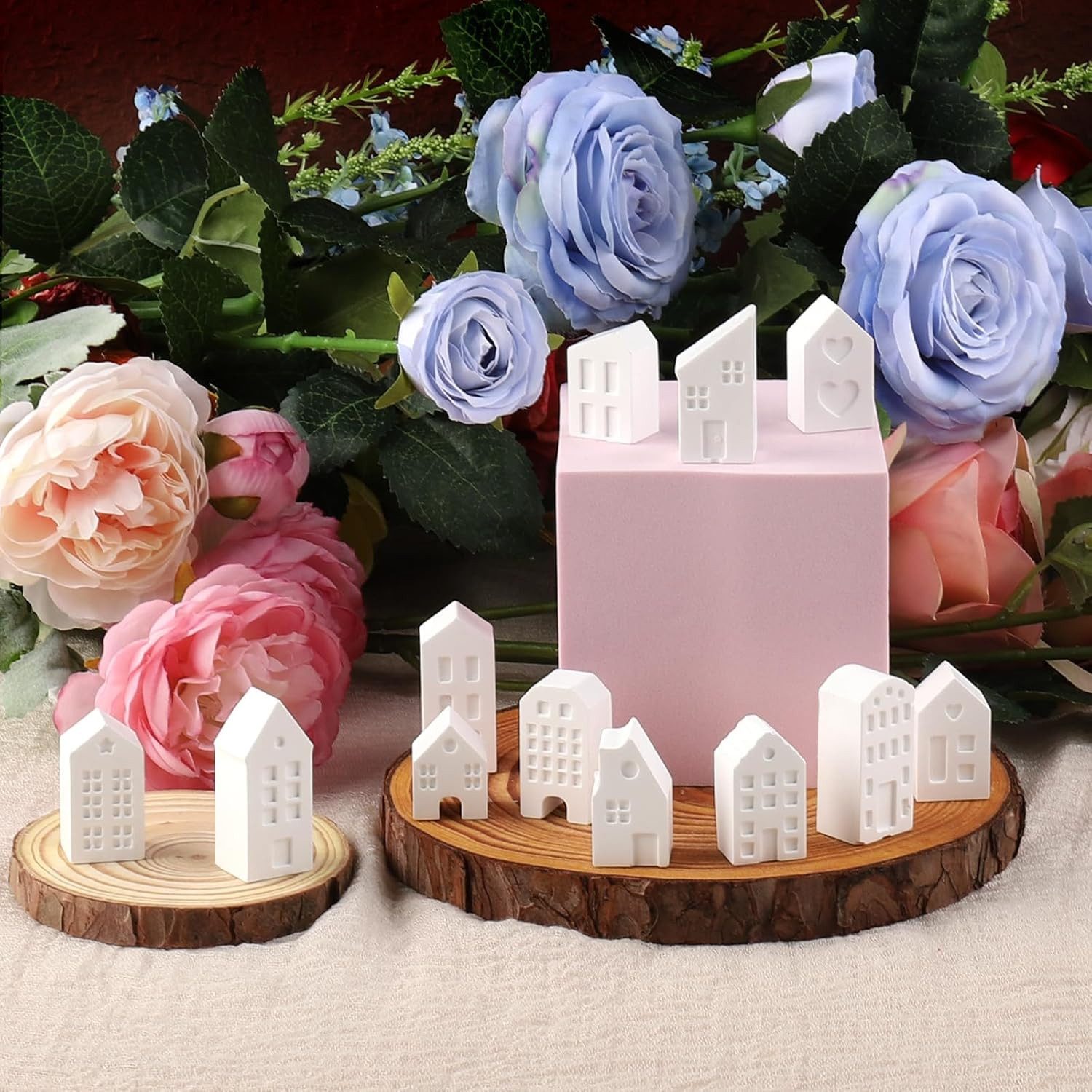 FOUORTUNATE-BEE Backform 12er Set 3D Haus Silikonformen Mini Haus Gießform für DIY Deko, 12 Silikonformen Mini Häuser 3D Gießform für Gips Beton Deko