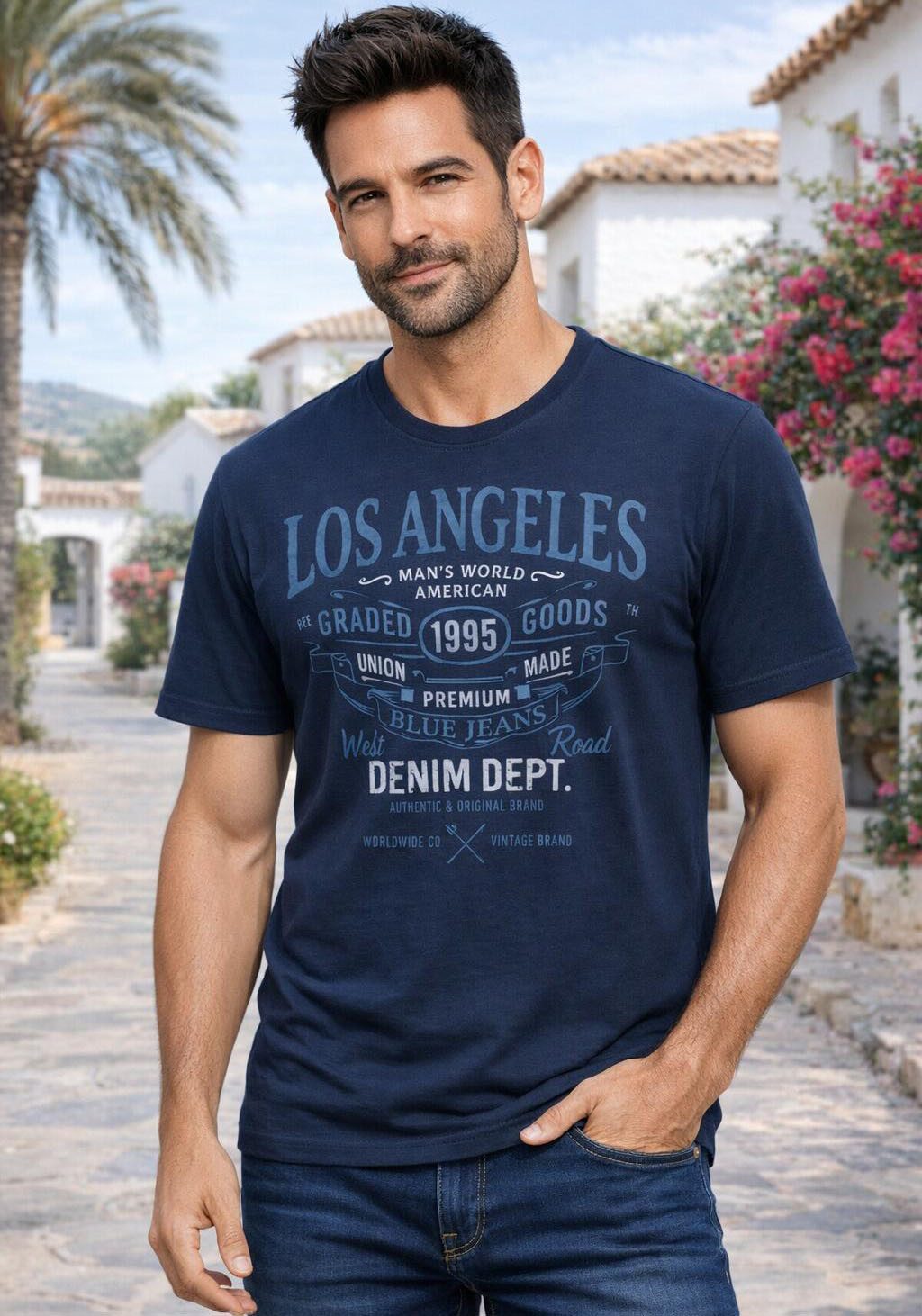 Man's World T-Shirt Kurzarm, mit Print, Rundhalsausschnitt, aus Baumwolle