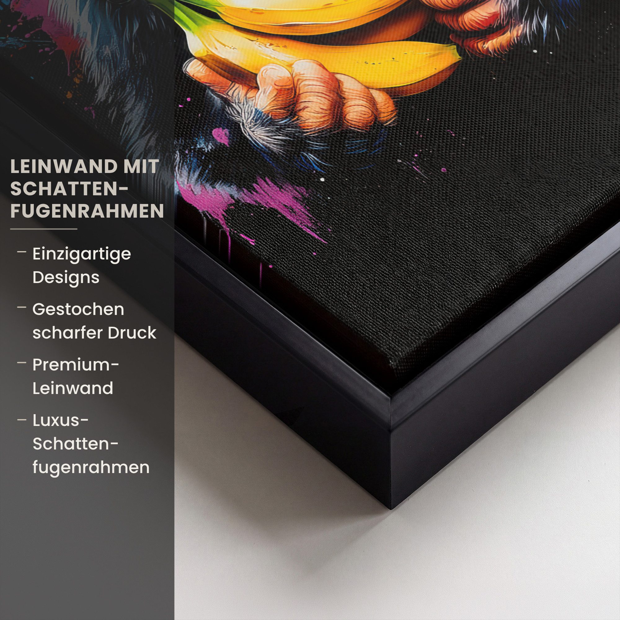 OneMillionCanvasses® Leinwandbild mit Rahmen - Affe - Graffiti - Farbenfroh - Bananen - Modern, Fotodruck (1 St), Deko für Wohnzimmer Schlafzimmer Küche 20x30cm