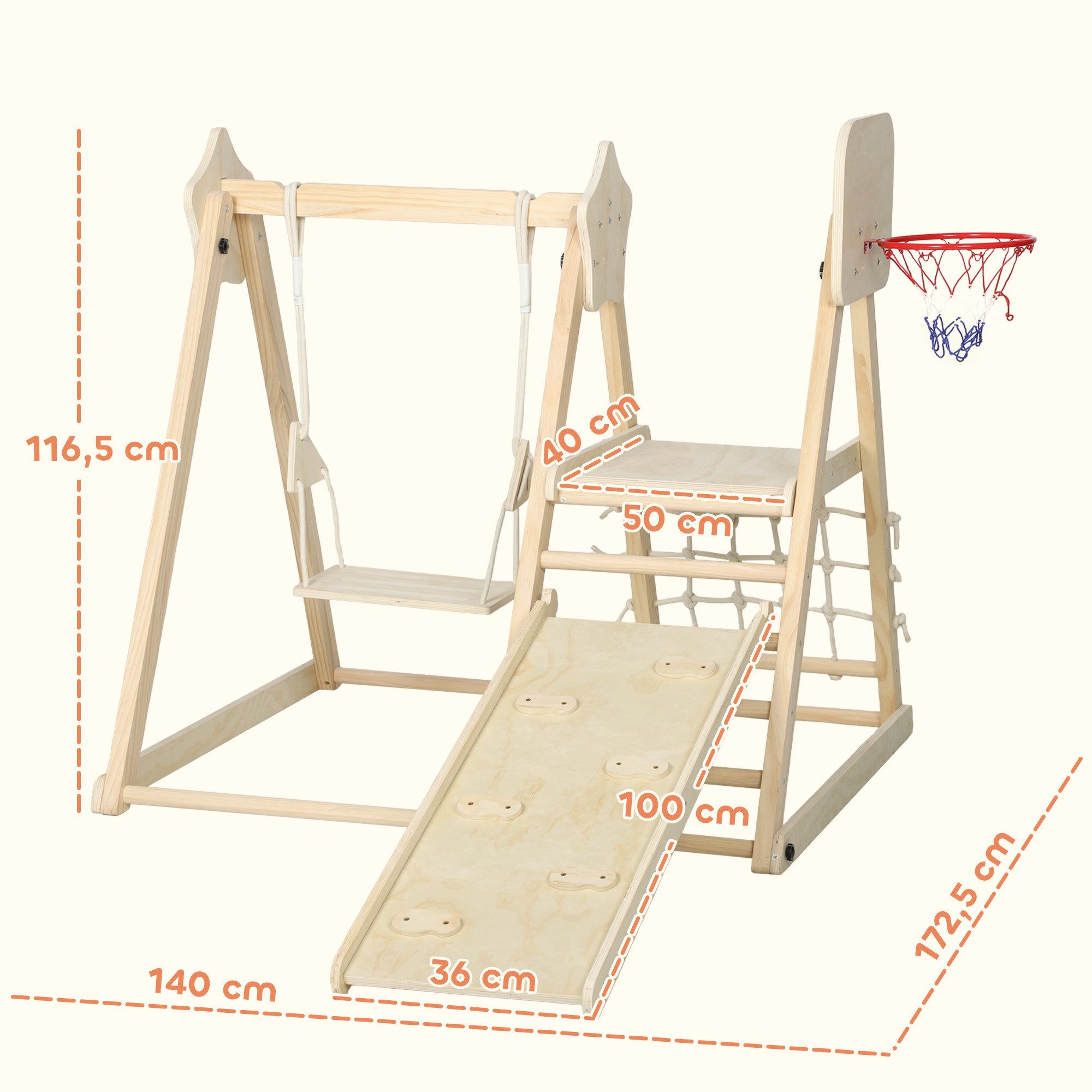 AIYAPLAY Klettergerüst Kletterdreieck mit Rutsche, Schaukel, Basketballkorb, (Montessori Indoor Holz, 1-St., Klappbar Spielplatz), für Kinder 3-6 Jahre, Naturholz