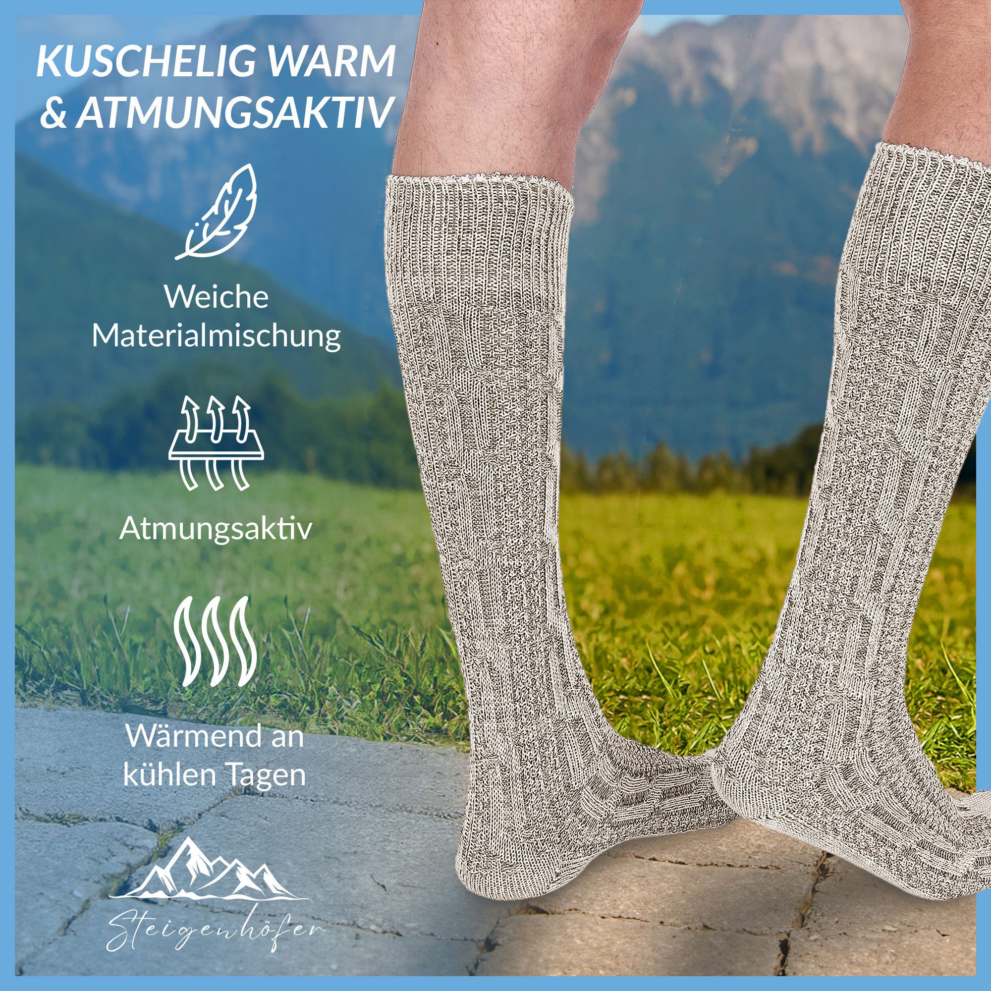 Steigenhöfer Manufaktur Trachtensocken für Herren und Damen – Socken mit Zopfmuster und Edelweißanstecker Oktoberfest Strümpfe aus Baumwolle für Männer & Frauen