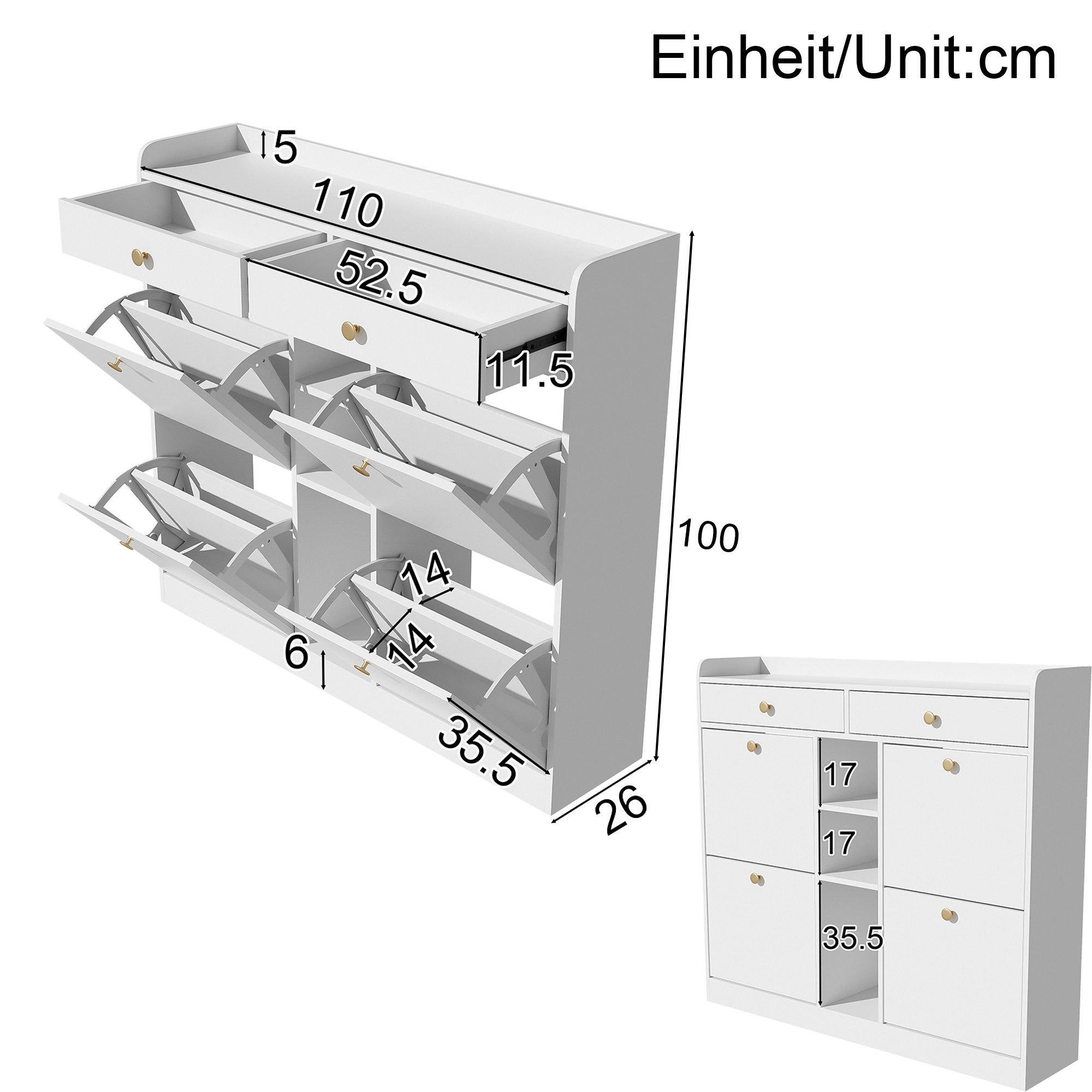 Flieks Schuhschrank mit 4 Klappen, 2 Schubladen und 3 offenen Fächern (1-St) Schuhkommode Schuhregal Schuhkipper Weiß, B110/T26/H100 cm – Bild 5 von 5