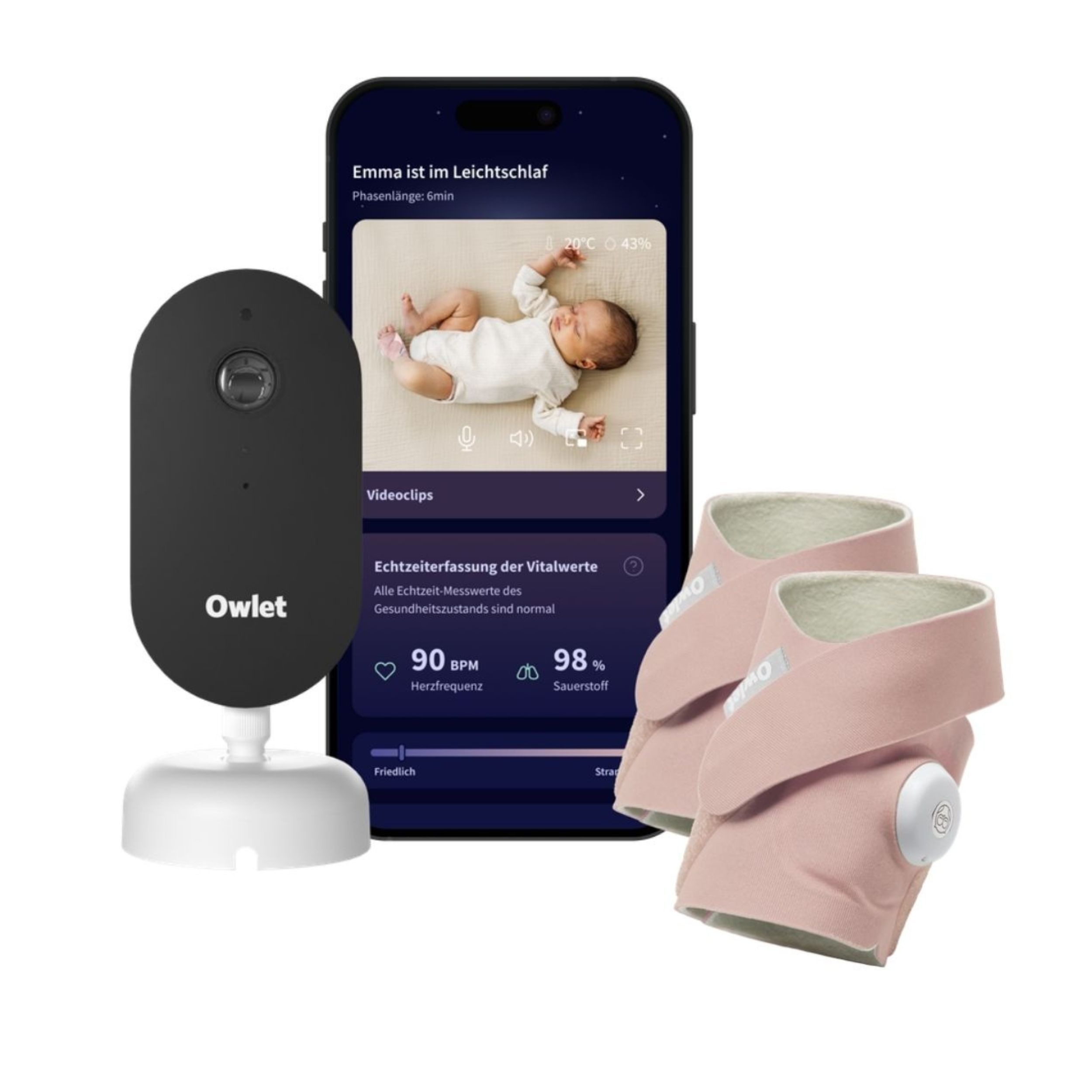 Owlet Baby Care DE Babyphone Dream Duo mit Ersatzsocke – Smartes Babyphone mit App, Dream Sock, und Wechselsocke