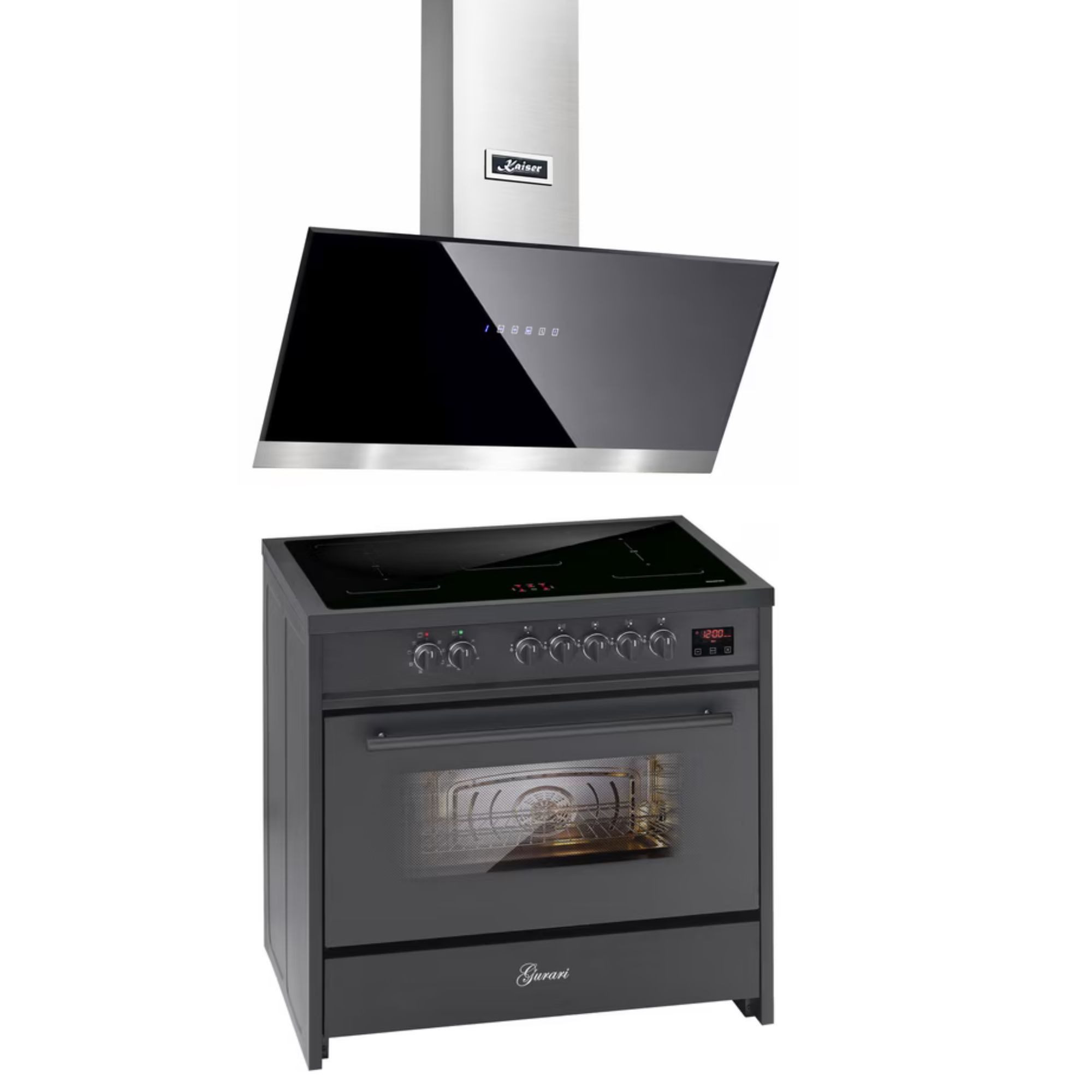 GURARI Induktions Herd-Set Induktionsherd 90 cm Standherd Schwarz, 5 Kochzonen, XXL Backofen 121L, Range Cooker,FLEX Zonen+ Dunstabzugshaube 90 cm, Schwarz Glas Edelstahl, 1250m³/h E 913 BL+AT 9440, mit 1-fach-Teleskopauszug, Induktionsherd 90 cm+Dunstabzugshaube 90 cm