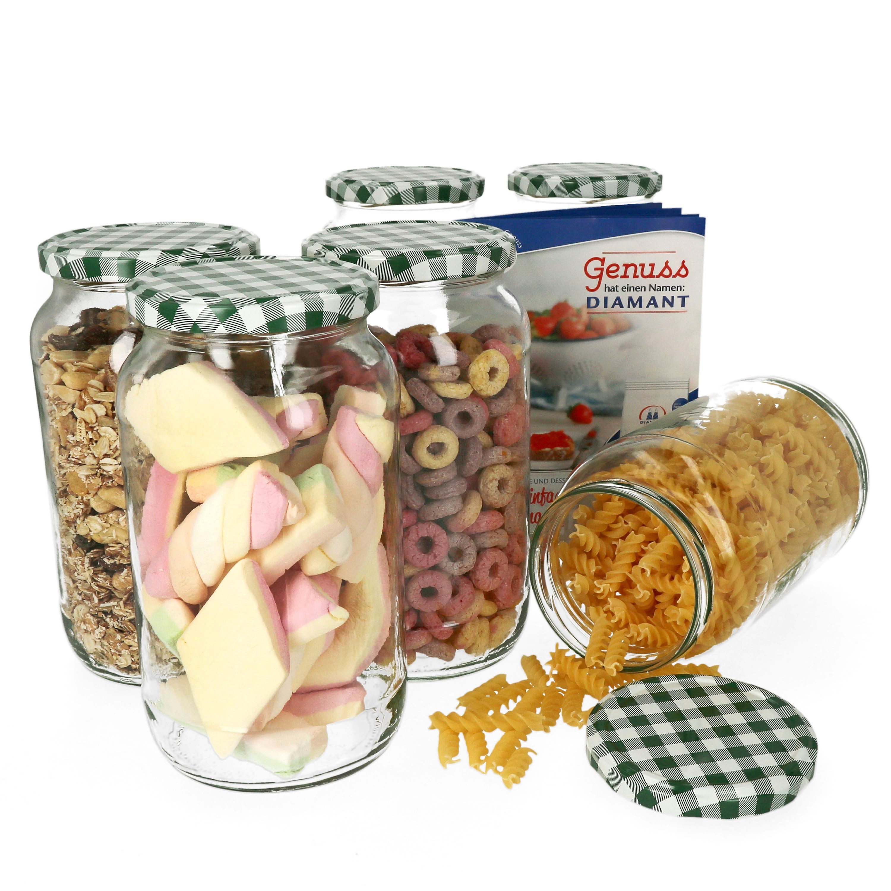 MamboCat Einmachglas 6er Set Rundglas 1062 ml To 82 grün karierter Deckel incl. Rezeptheft, Glas