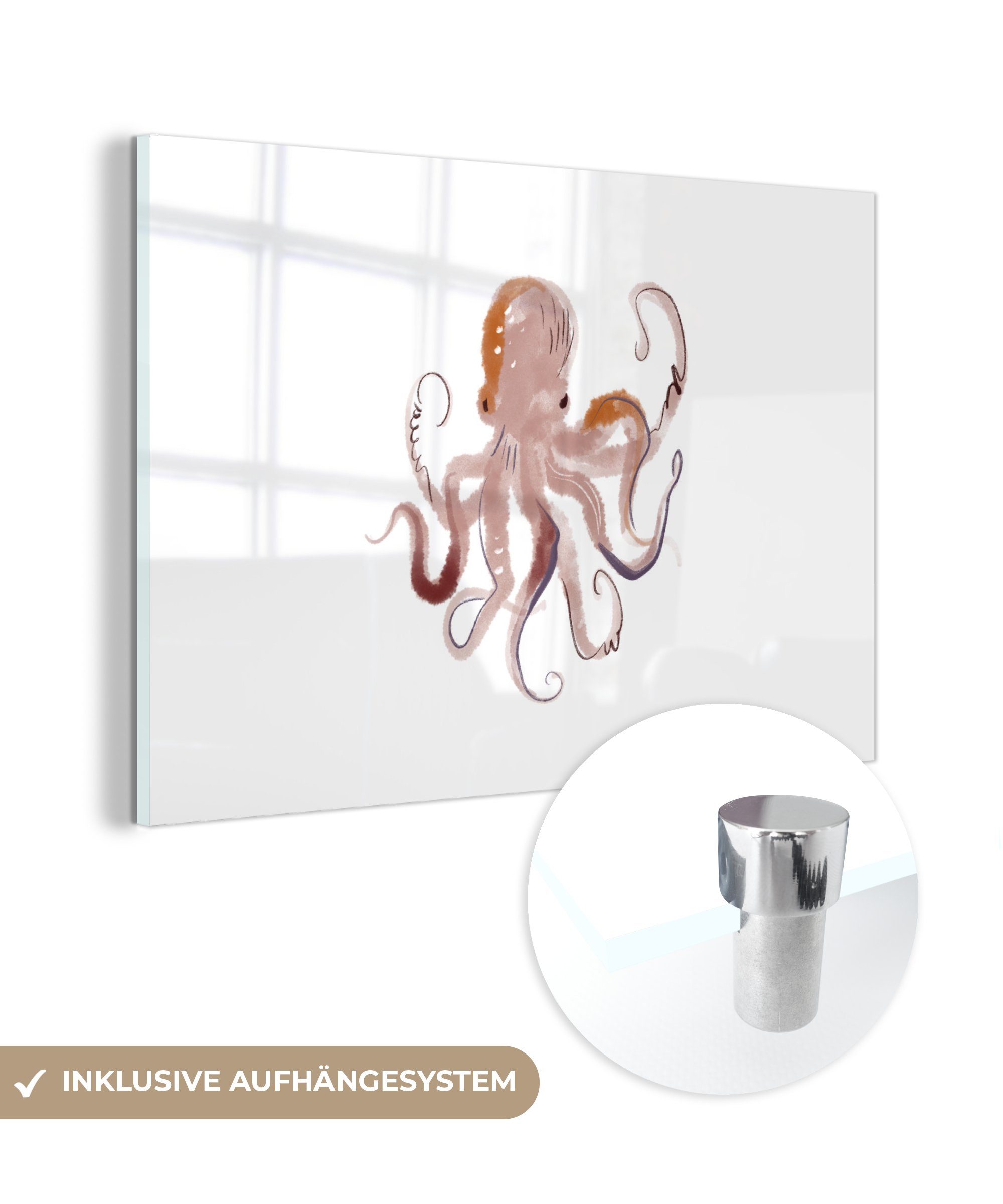 Oktopus Wohnzimmer Meerestiere - Weiß - Acrylglasbild & - St), MuchoWow Schlafzimmer Acrylglasbilder (1 Aquarell,