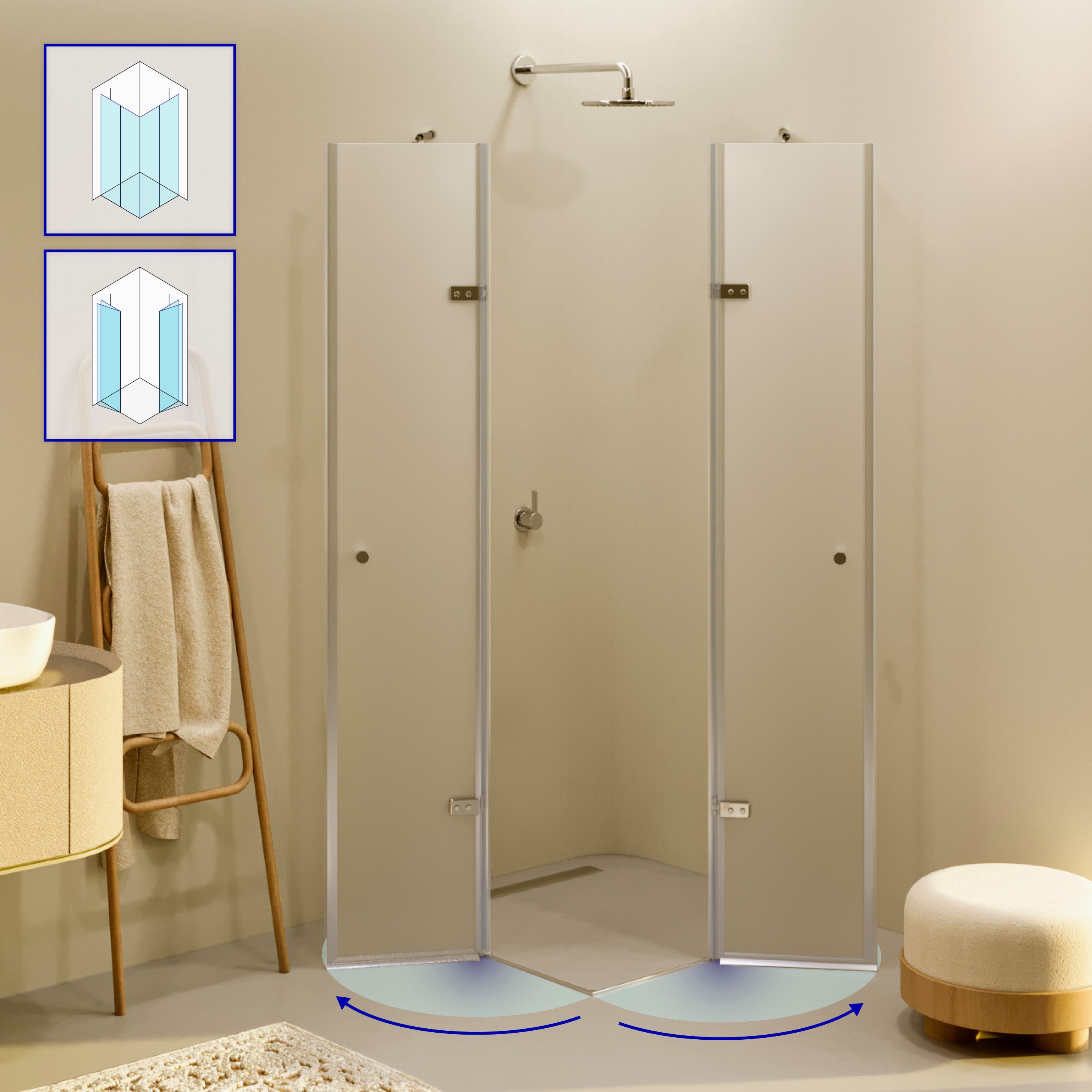 i-flair Eckdusche Duschkabine Alice aus satiniertem ESG, Höhe 190 cm, 110x75 cm, BxT: 110x75 cm, Einscheibensicherheitsglas, ohne Duschtasse, mit hochwertigen Aluminiumprofilen in silber, ebenerdiger Einbau möglich, mit Drehtüren