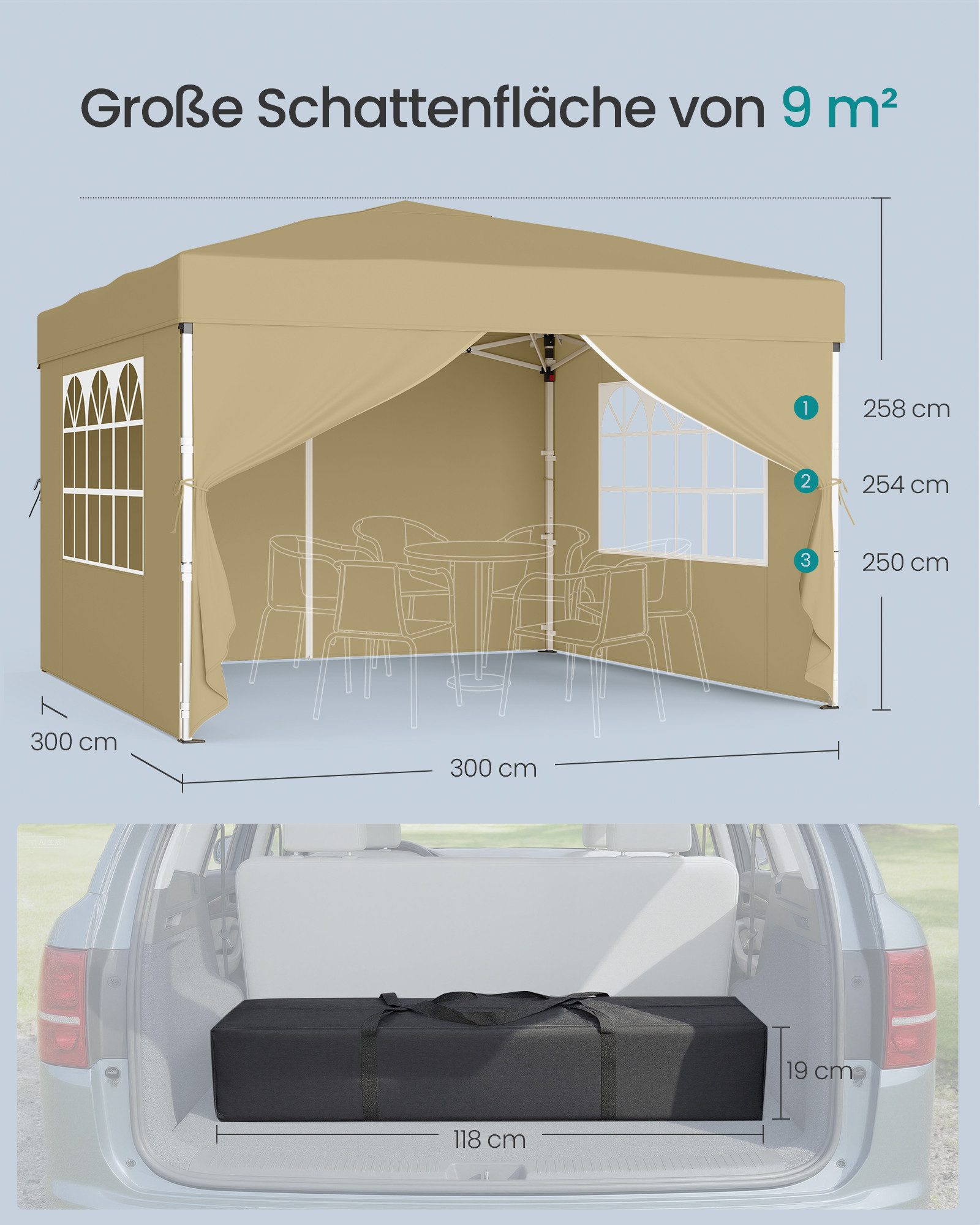 SONGMICS Pavillon 3m/6m x 3m Pavillon mit 4 Seitenteilen,für Garten, mit 4 Seitenteilen, Faltzelt Seitenwänden, stabil, tragbar, Hof, Markt, Sonnenschutz – Bild 5 von 5