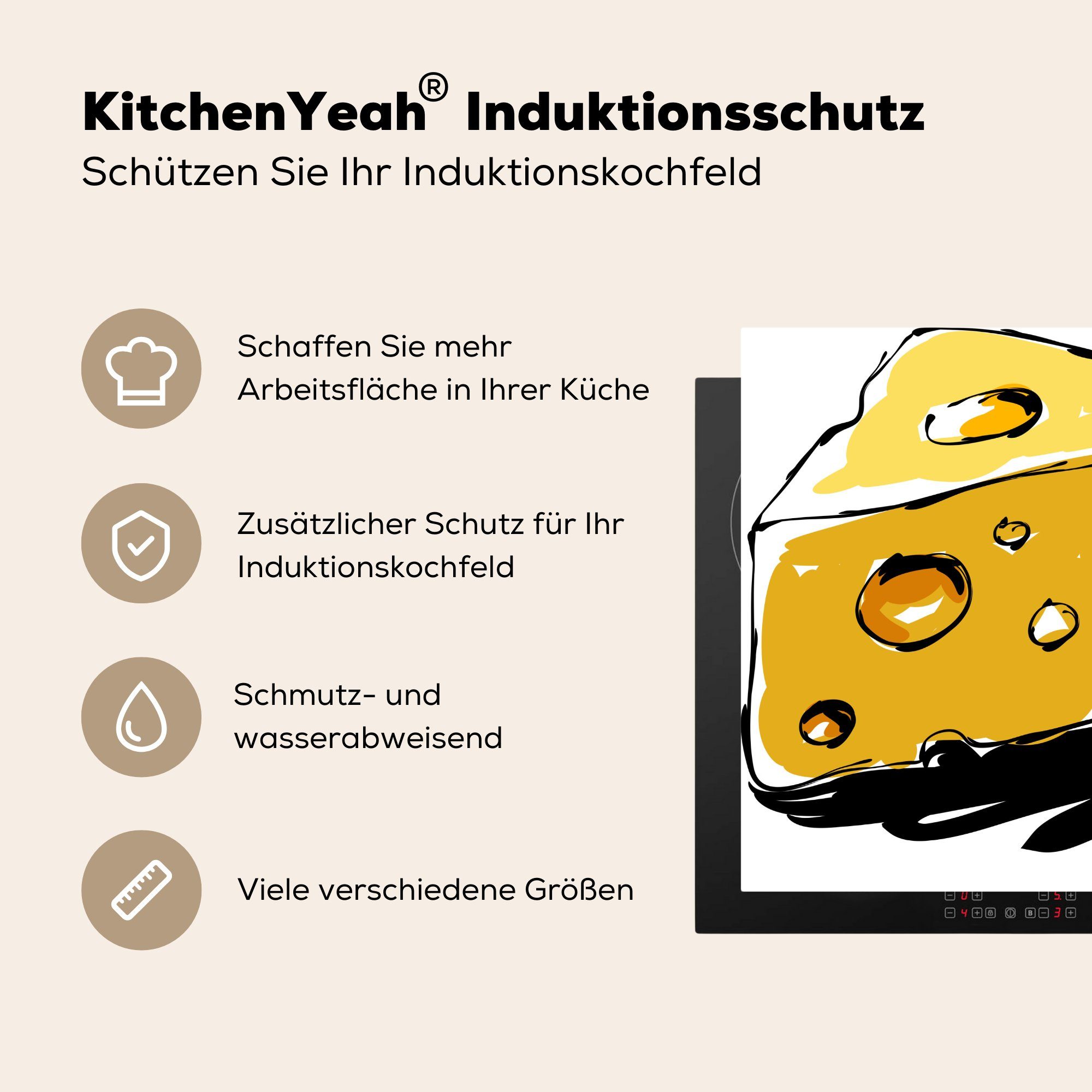 Arbeitsplatte tlg), mit Zeichnung Käse (1 78x78 Ceranfeldabdeckung, Löchern, cm, Herdblende-/Abdeckplatte von Vinyl, für küche MuchoWow