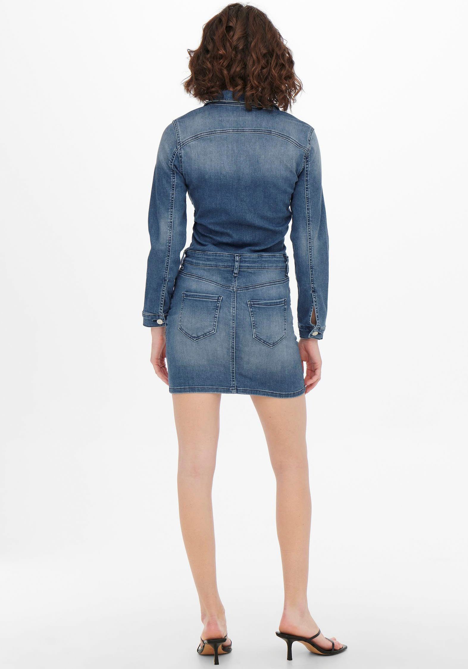 ONLY Jeanskleid DNM ADD, LS Baumwollmischung DRESS Passform für eine mit Aus ONLBLUSH Stretch-Anteil STRETCH elastischer optimale