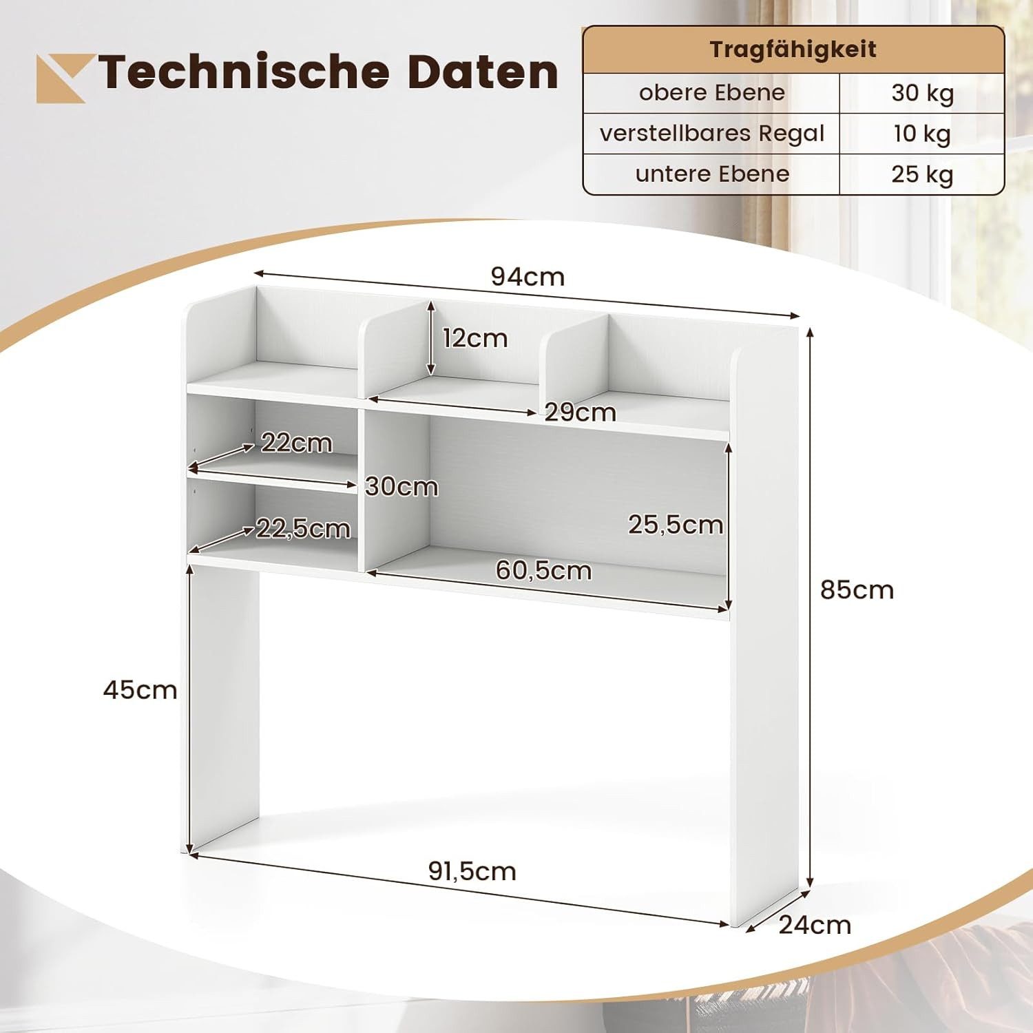 KOMFOTTEU Regal-Schreibtisch Schreibtischregal, mit 6 offenen Regalen, für Monitore bis zu 32"