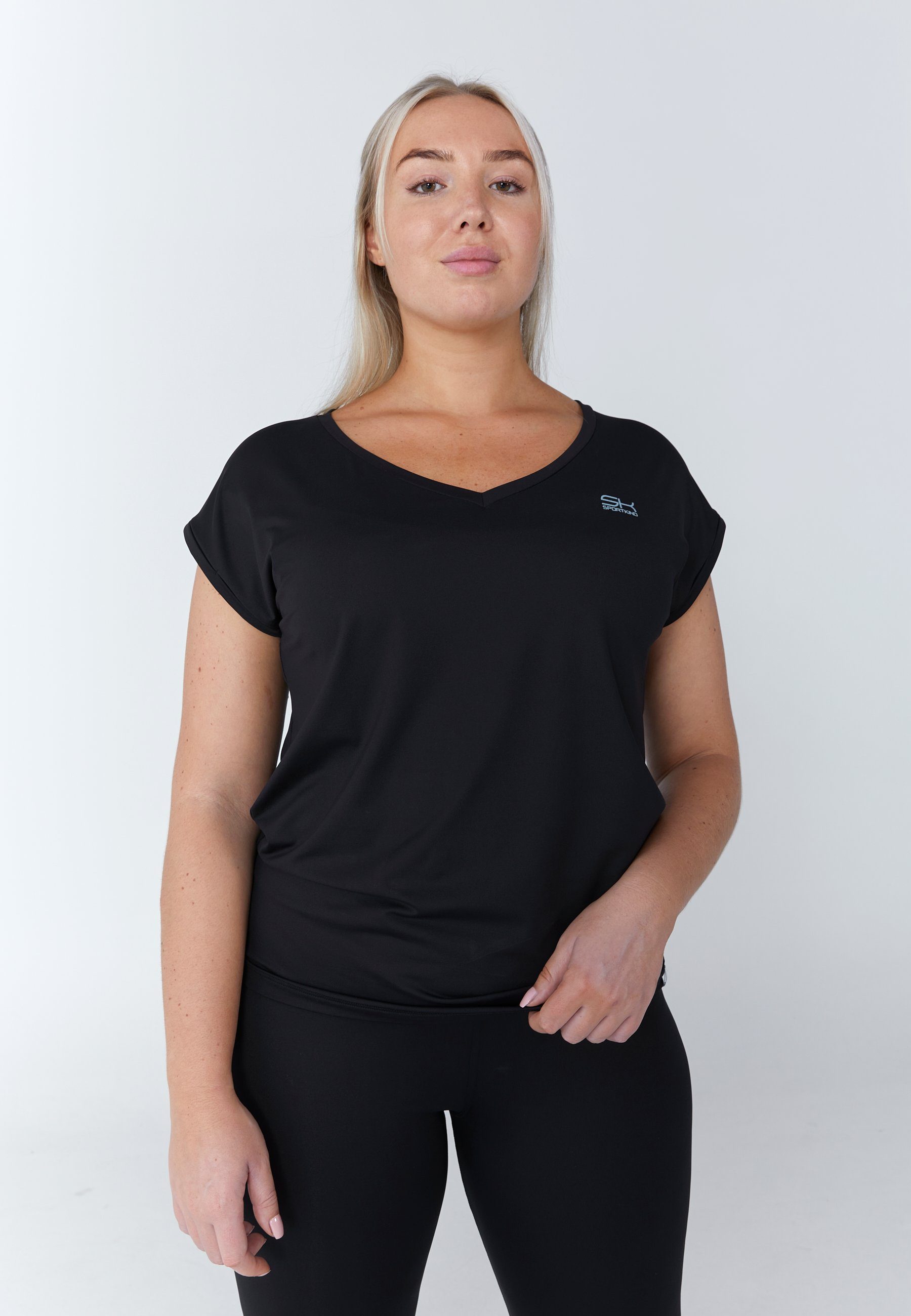 SPORTKIND Funktionsshirt Tennis Shirt Loose Fit V-Neck Mädchen & Damen schwarz