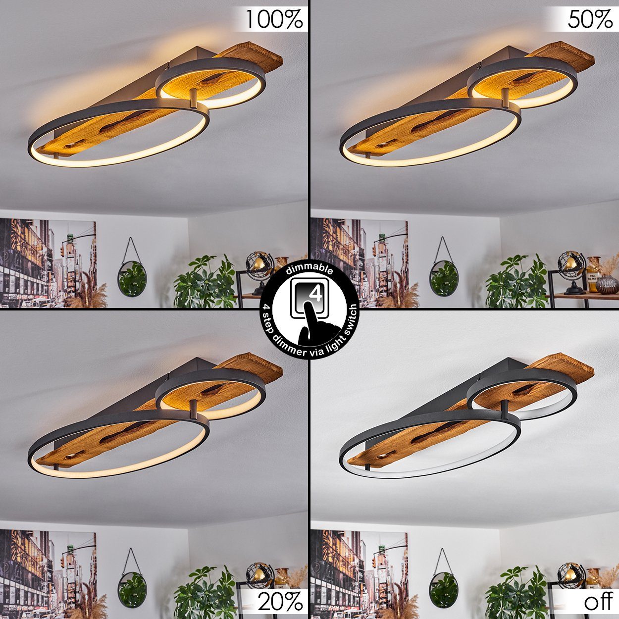 hofstein Deckenleuchte Deckenlampe aus Metall/Holz/Kunststoff in Anthazit/Natur/Weiß, LED fest integriert, 3000 Kelvin, dimmbar über Lichtschalter, 3600 Lumen,  – Bild 2 von 5