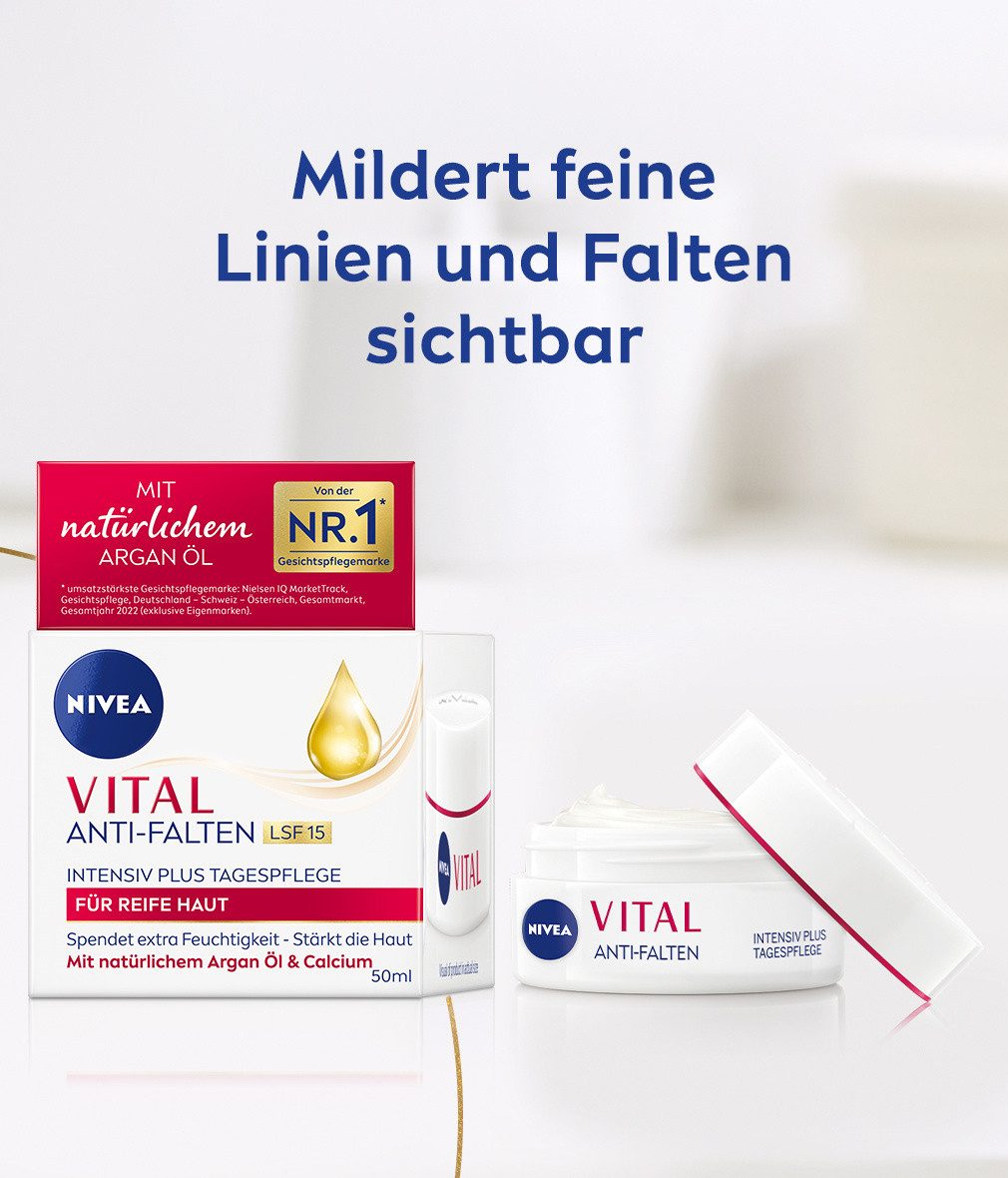 Nivea Tagescreme VITAL Anti-Falten Intensiv Plus LSF 15 Bio Arganöl 2 x 50 ml, 2-tlg., Bio Arganöl, Calcium