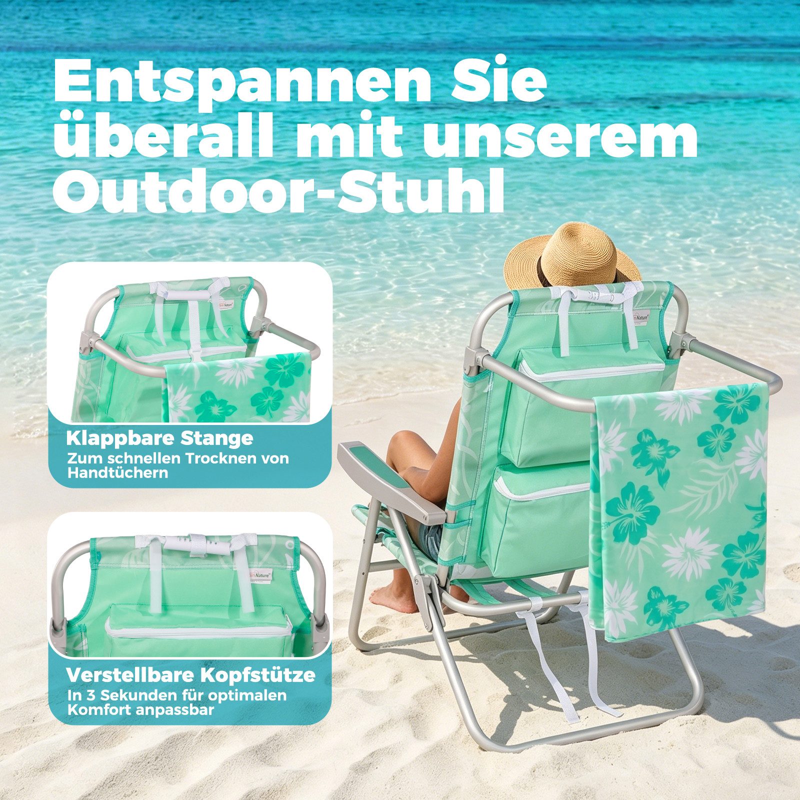 HOMECALL Klappstuhl Strandstuhl Leicht Klappbar Camping, 5-fach verstellbare Rückenlehne (Bis150KG Aluminiumrahmen, groBe Kuhitasche und Aufbewahrungstasche, 2  – Bild 4 von 5