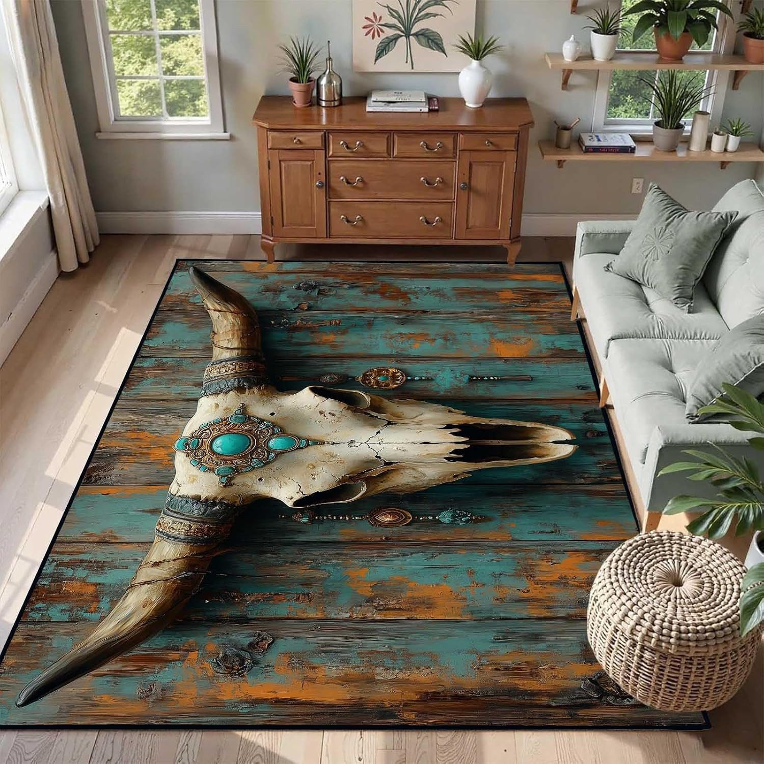 Jumpeak Teppich Boho Stierschädel Türkis Teppich, tepichwohinzimer, teppich waschbar, Rechteckig, Höhe: 5 mm, Kunstkaschmir, pflegeleicht, kurze Fasern, angenehm zu tragen