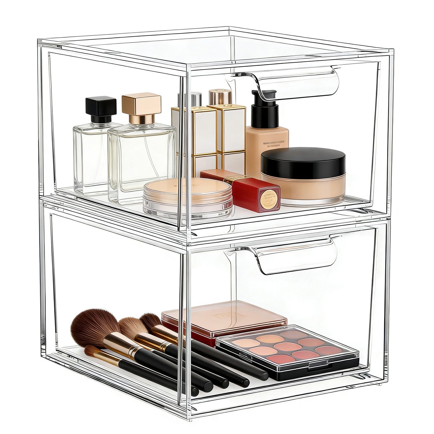 OSTWOLKE Make-Up Organizer 2er Stapelbare Acryl Kosmetik Organizer Schubladen Organizer, 2-tlg., für Schminktisch Schreibtisch Badezimmer Schlafzimmer UnterWaschbecken