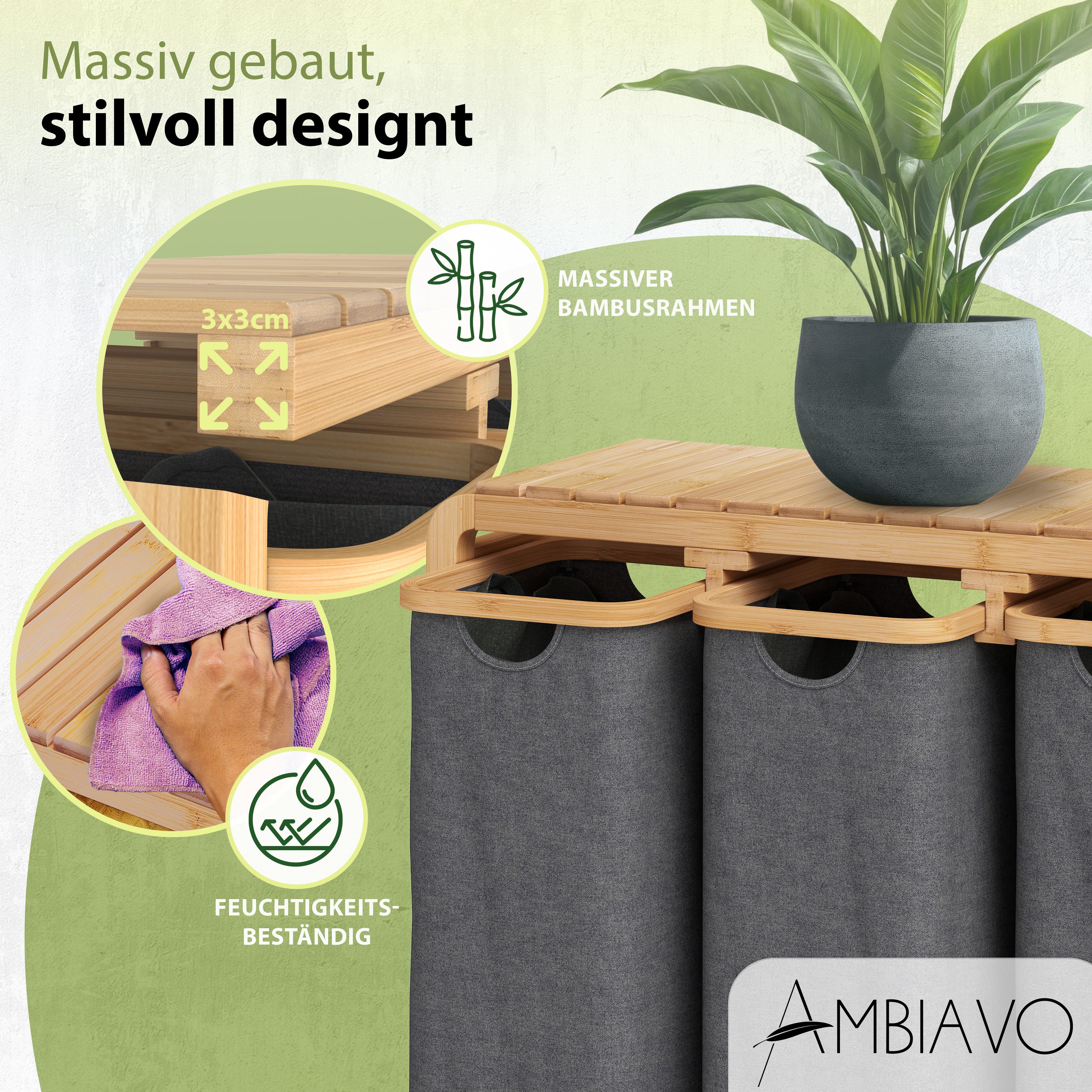 AMBIAVO Wäschekorb 4 Fächer mit waschbaren Baumwollsäcken, 200 L Volumen, stabiler 3x3 cm Bambusrahmen, innovatives Design – Bild 5 von 5