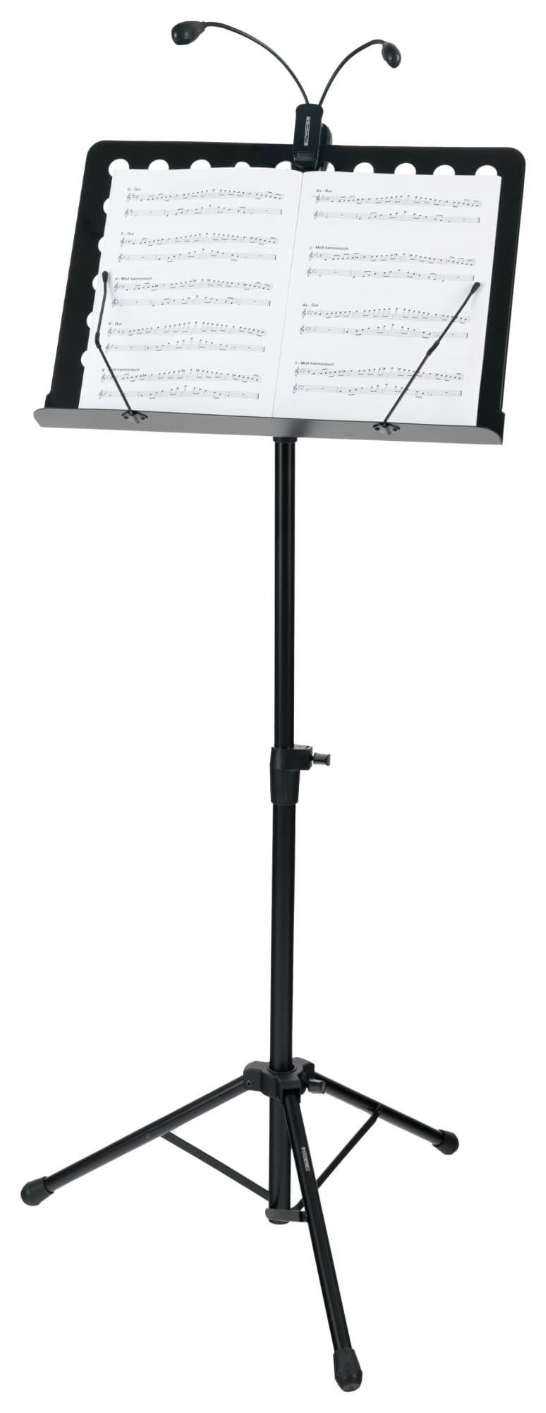 McGrey Notenpult Orchesterpult Lochblech Ständer Deluxe Notenständer mit Notenklemmen, (Spar-Set, 2-tlg., Set inkl. LED-Leuchte, Double Ausführung), Abnehmbare Lochblechablage