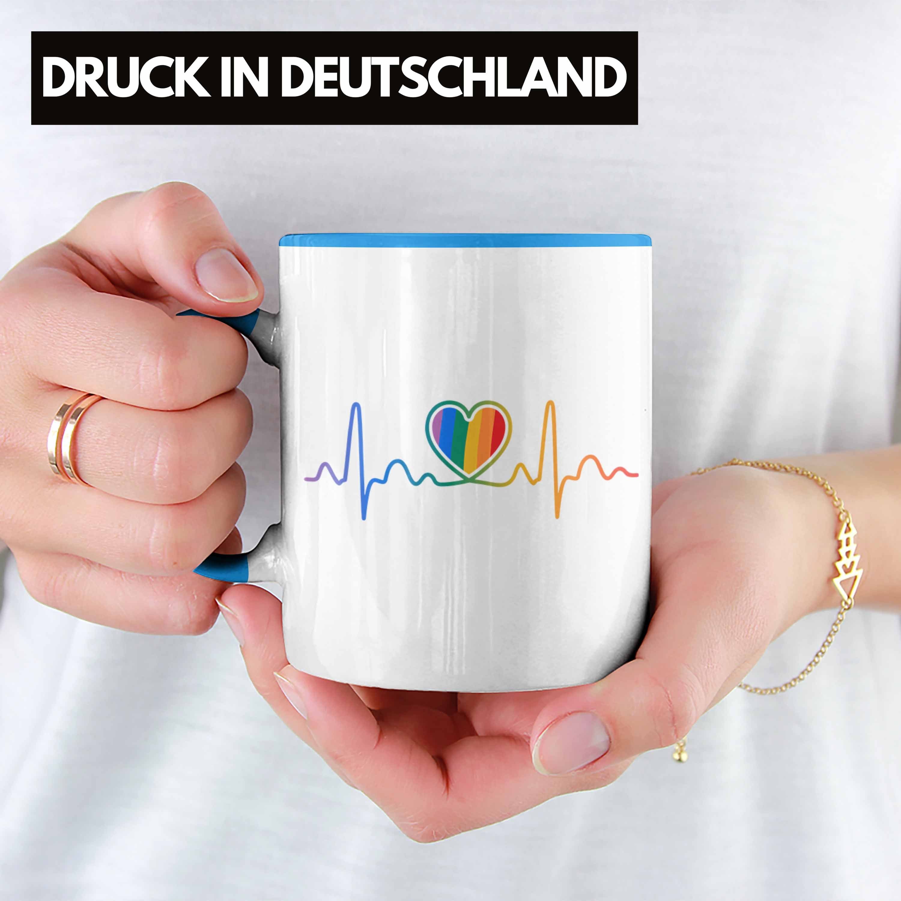 Trendation Tasse Trendation - LGBT Grafik Regenbogen Lustige Herzschlag Blau Regenbogen Tasse für Schwule Lesben Transgender Geschenk