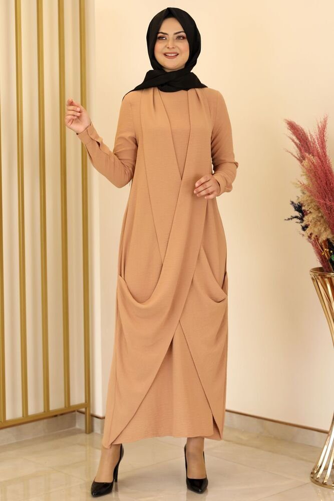 Mode langärmliges Basic Maxikleid Hijab Almeda Abendkleid Kleid Aerobin Beige Modavitrini