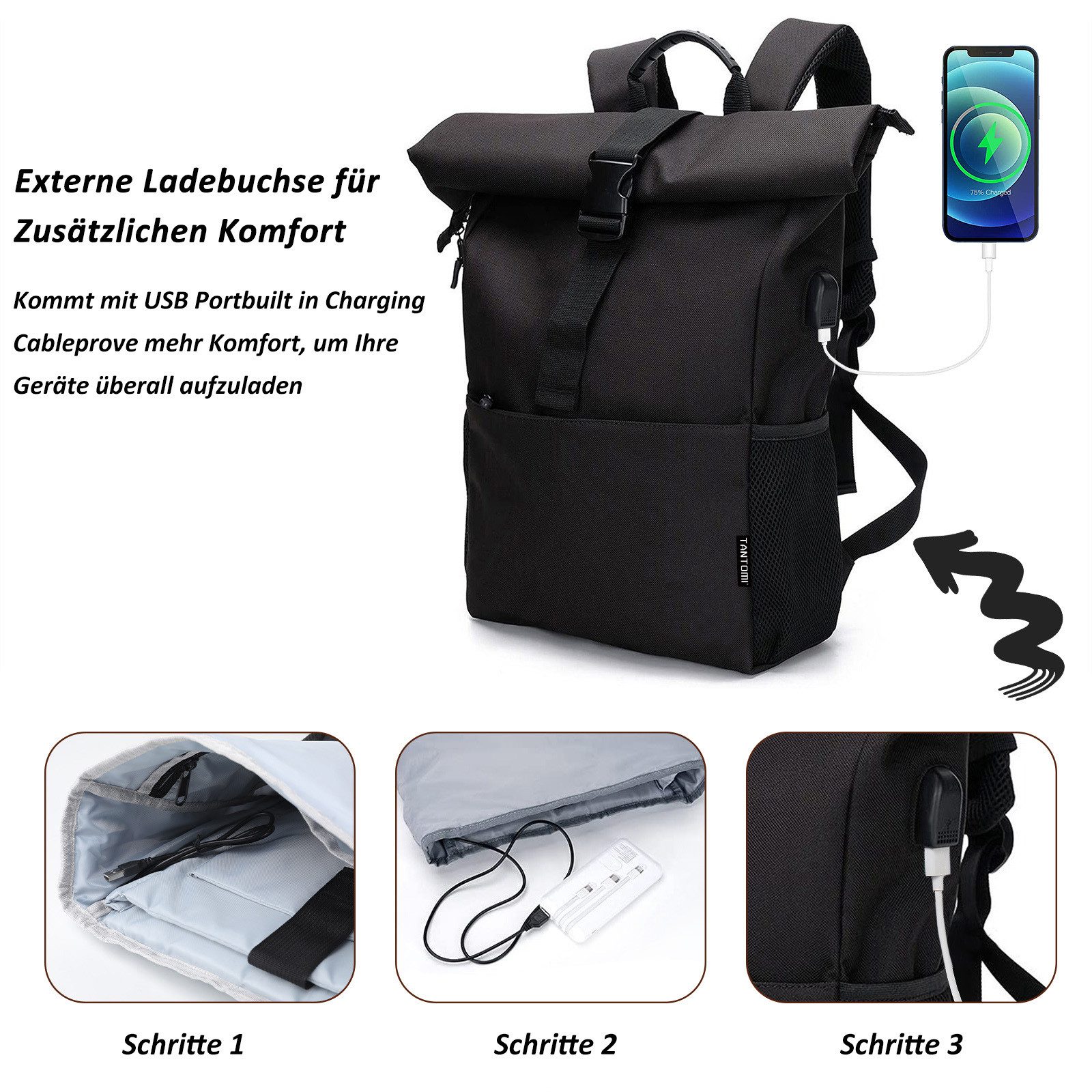 TAN.TOMI Cityrucksack Rucksack Damen Groß Rucksack Herren Groß Schulrucksack (Arbeitsrucksack viele Fächer mit 15,6" Laptopfach/USB-Anschluss), Unisex Rolltop Rucksack Wasserdicht, Lässiger Backpack