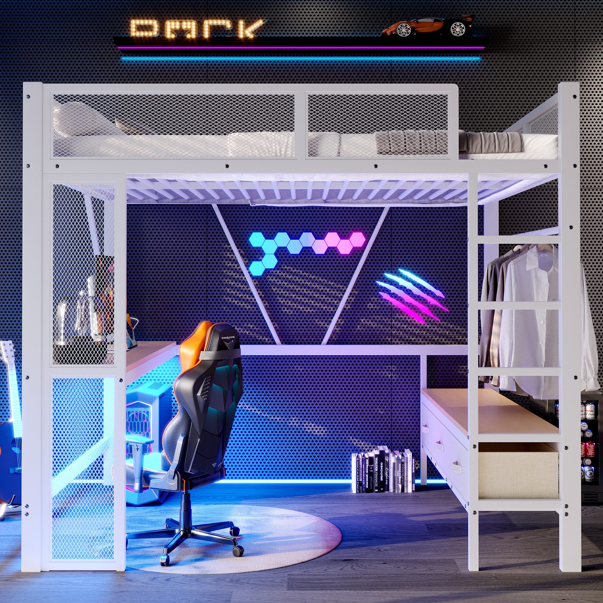 Merax Hochbett 140x200cm mit LED-Beleuchtung und USB (1-St., Etagenbett Jugendbett Einzelbett) Metallbett mit Schreibtisch, offenem Kleiderschrank und 3 Schubladen