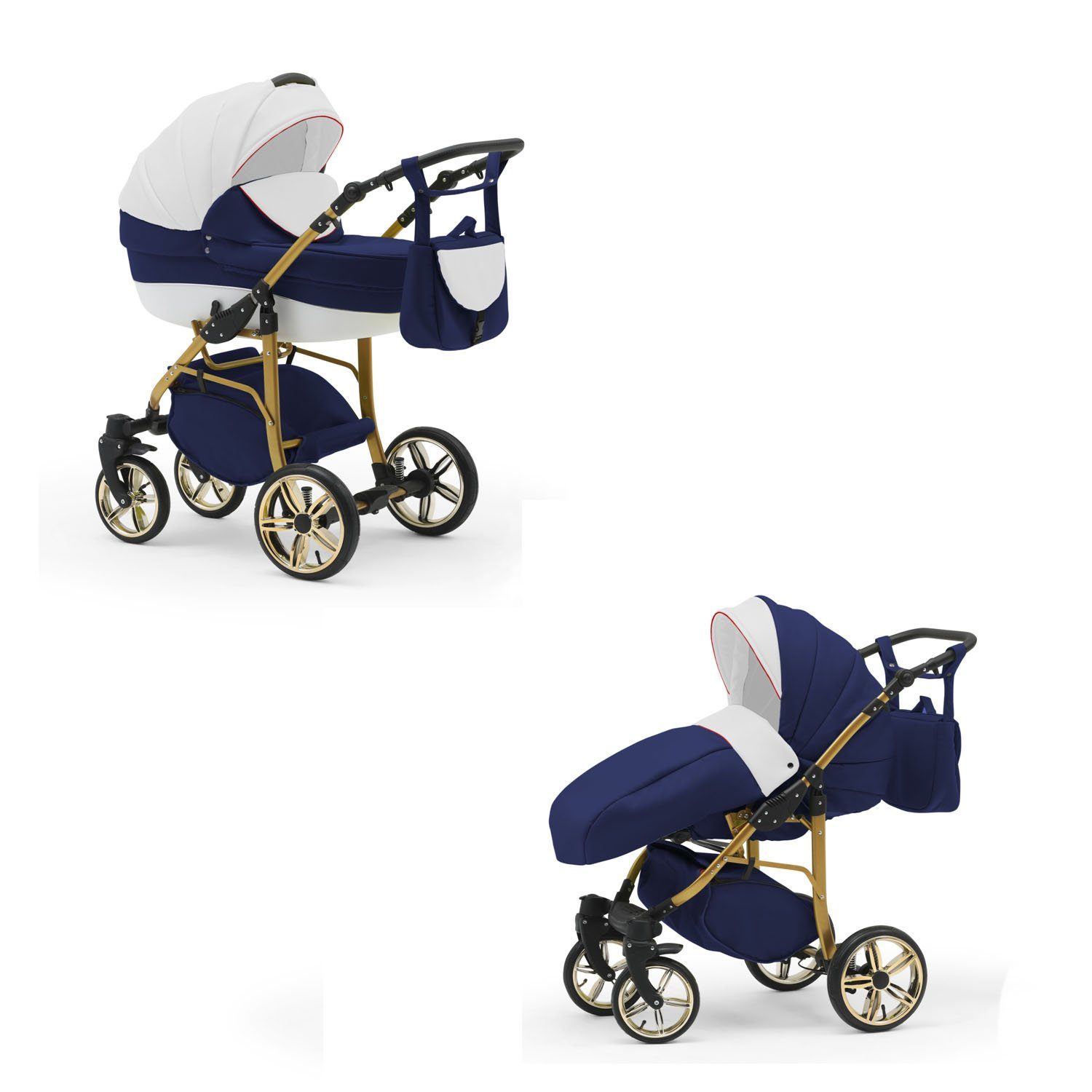 Farben Gold 13 in Teile babies-on-wheels 2 46 Weiß-Navy-Weiß Kinderwagen-Set in - 1 Cosmo Kombi-Kinderwagen -