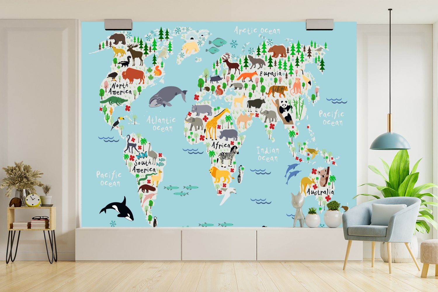 MuchoWow Fototapete Welt - Karte - Wohnzimmer, Tiere bedruckt, Kinderzimmer, Wallpaper für Blau St), Schlafzimmer, - - Jungen, Vinyl Matt, (6 Tapete Kinder 
