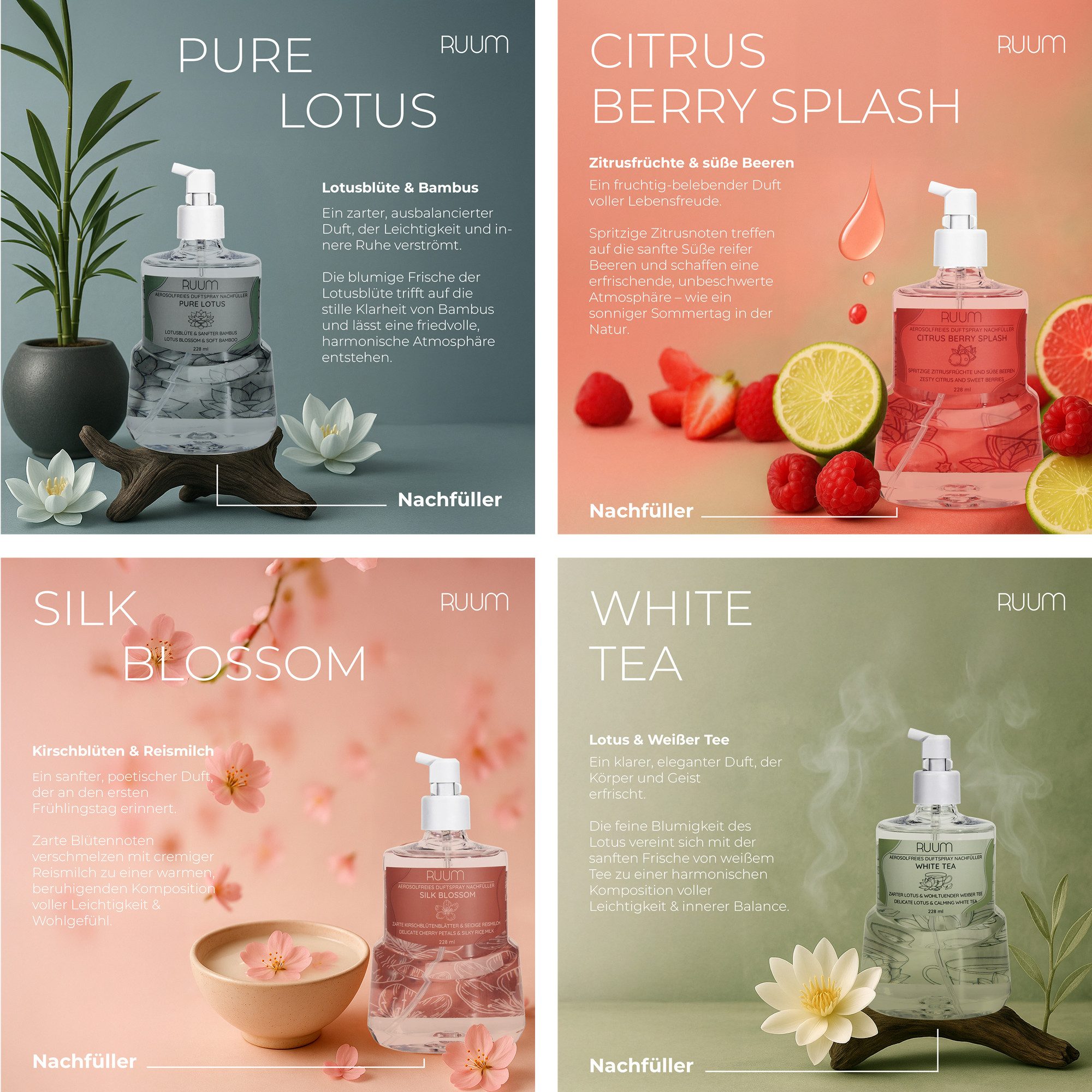 RUUM Raumduft Aerosolfreie Duftspray Nachfüller (8er Mix-Paket, 8-St., 228 ml), Kompatibel mit Air Wick Active Fresh Geräten