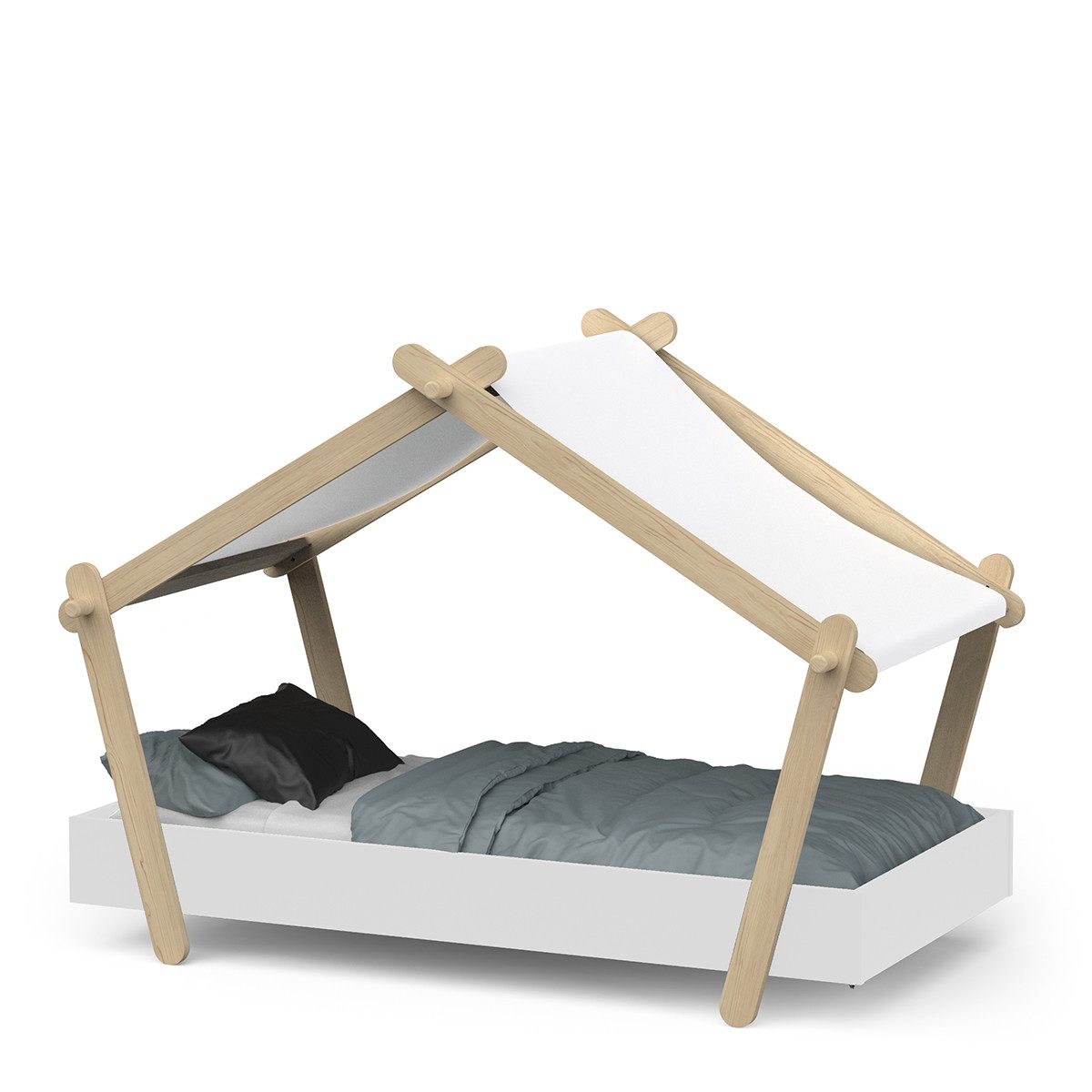 habeig Kinderbett Mini-Lodge Bett mit Dach, 143,6 x 106,5 x 85 cm, Weiß/Naturholz, ohne Matratze und Bettzeug