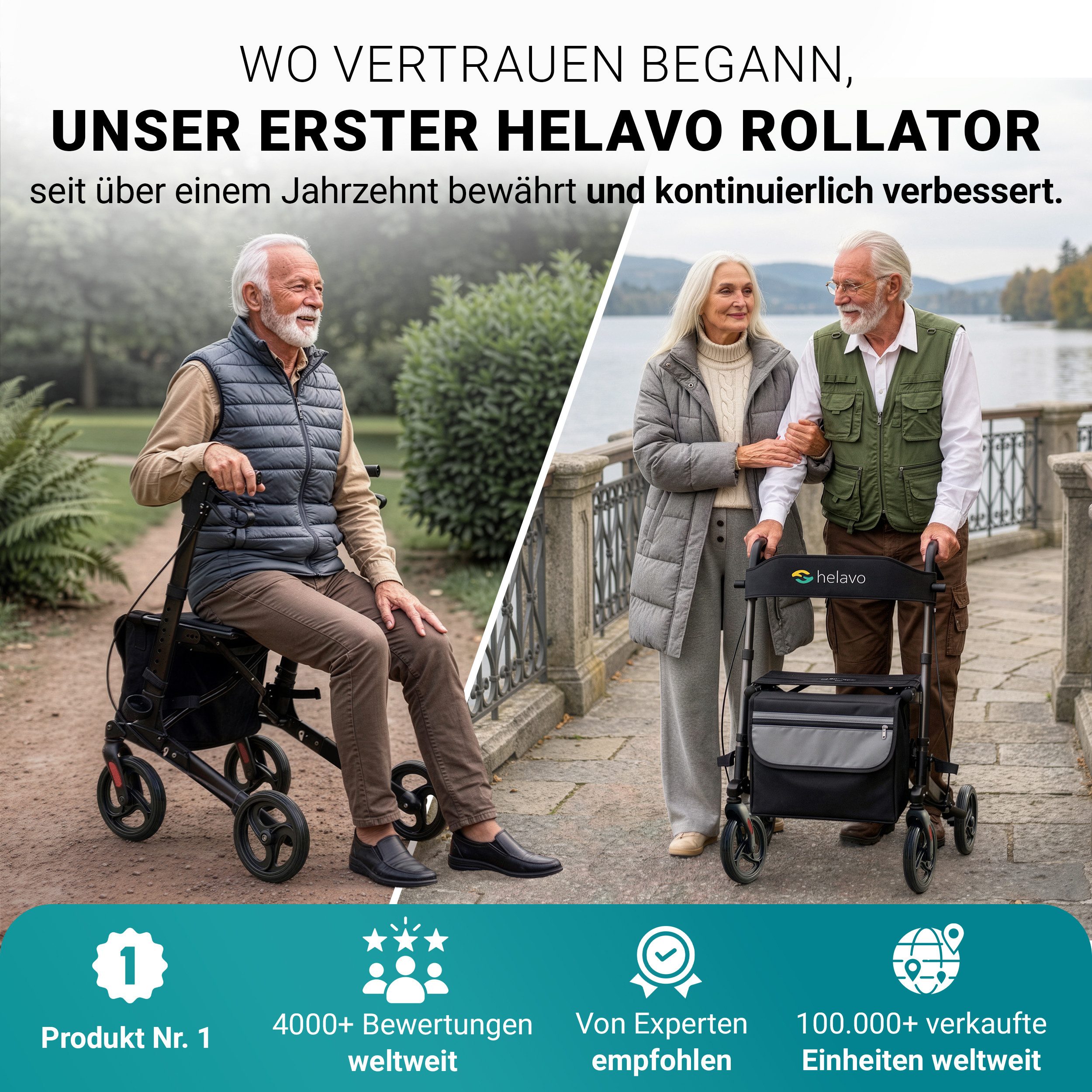 Helavo Rollator H1010, faltbarer Reise-Rollator mit Sitz und Reisetasche