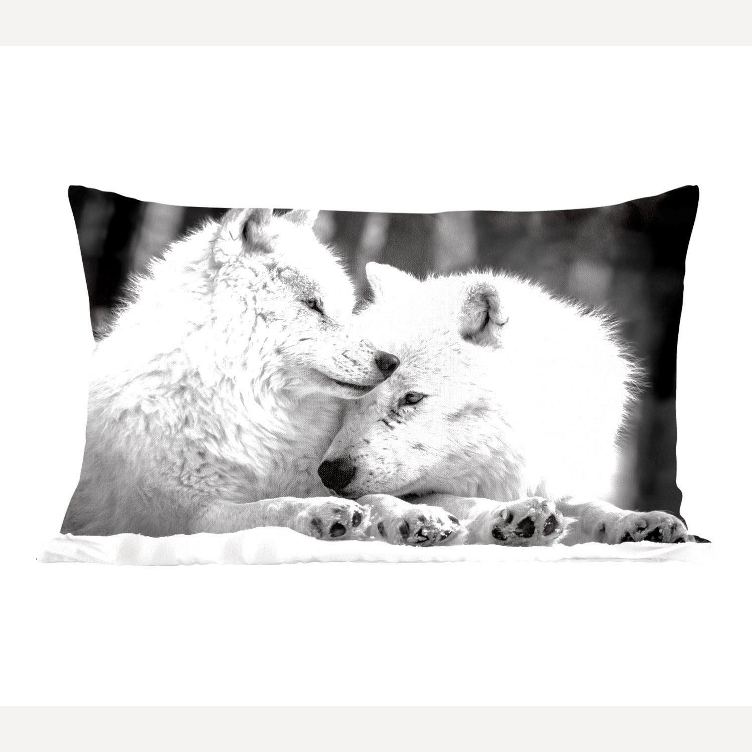 MuchoWow Dekokissen Zwei weiße Wölfe im Schnee - schwarz und weiß, Wohzimmer Dekoration, Zierkissen, Dekokissen mit Füllung, Schlafzimmer