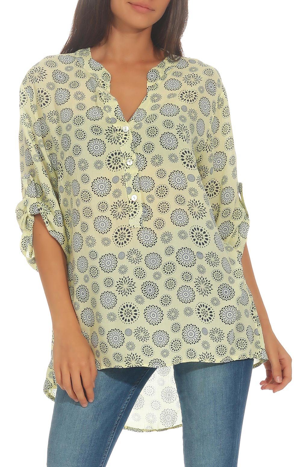 malito more than fashion Schlupfbluse 6703 Bluse mit Kreis Blumen Print 3/4 Ärmeln Einheitsgröße hellgelb