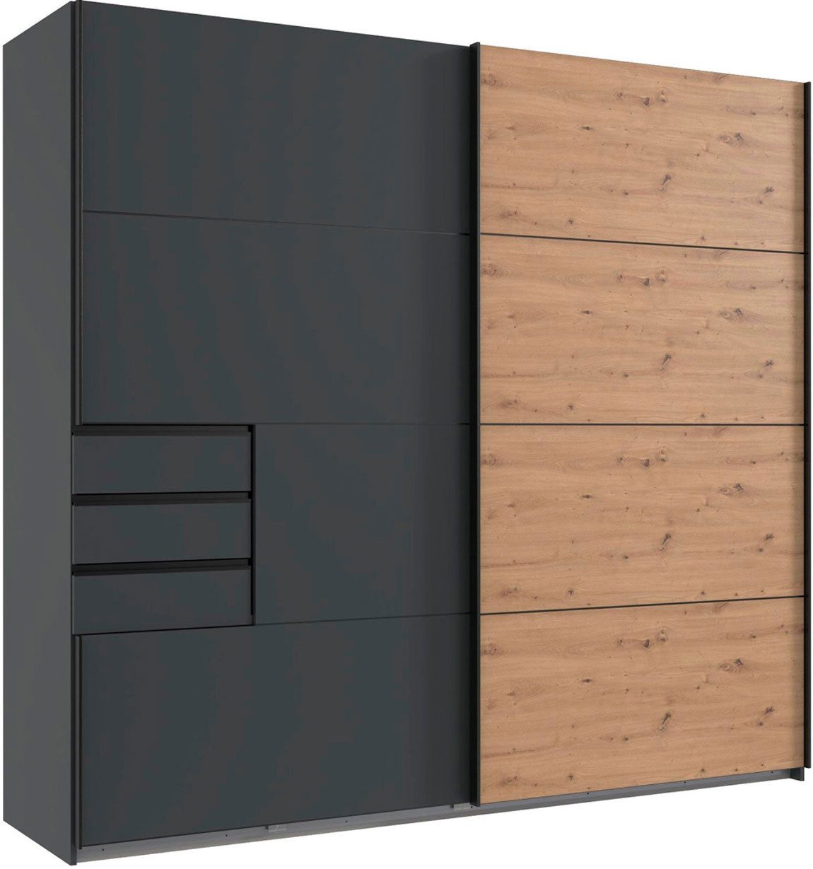Wimex Schwebetürenschrank Saigon (mit Schwebetüren, Schubladen, Einlegeböden, Kleiderstangen, 1-St., moderne Optik, Metallgriffleisten) 225cm graphit / Eiche Artisan