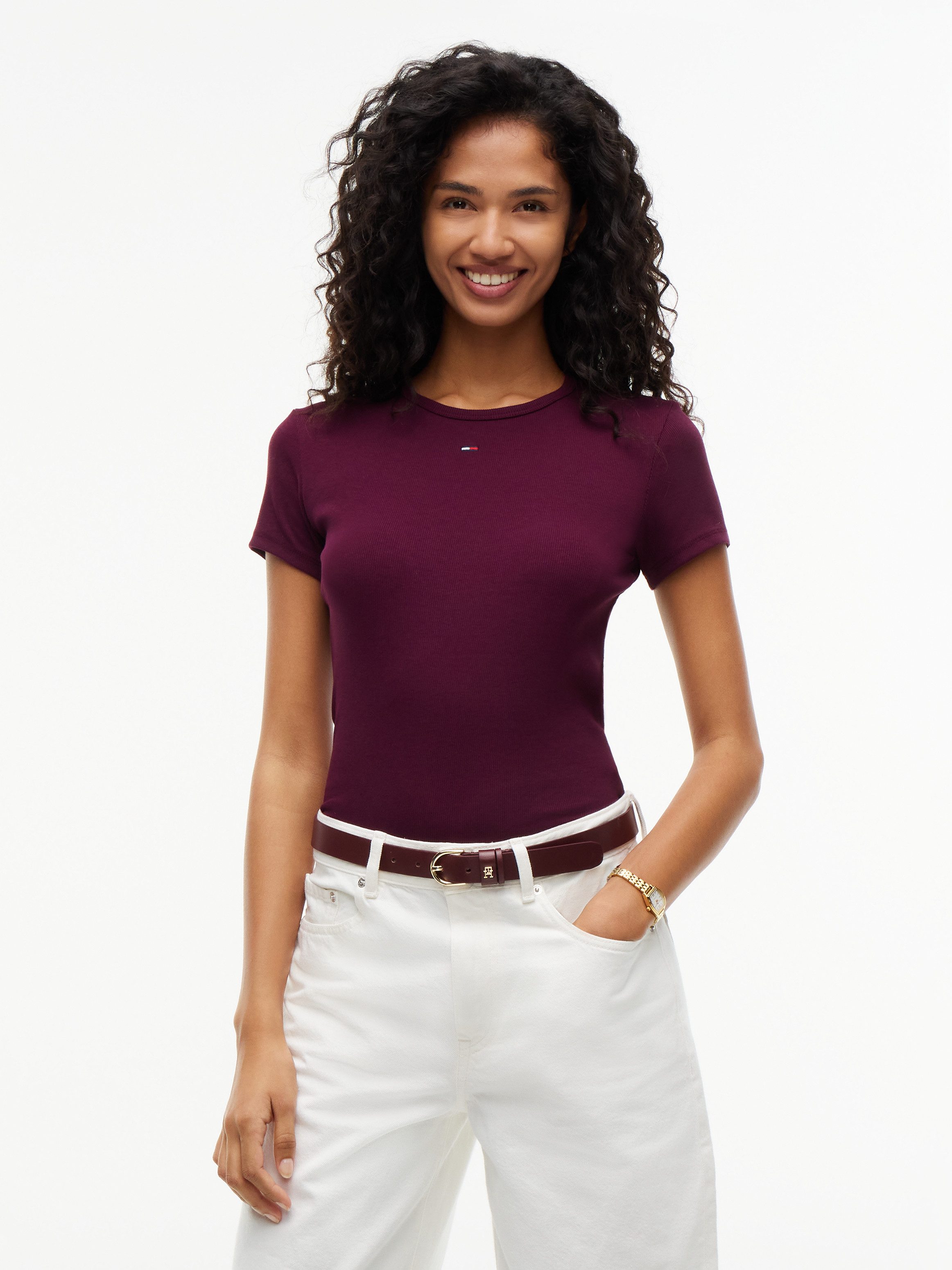 Tommy Jeans Kurzarmshirt TJW SLIM ESSENTIAL RIB SS EXT mit gerippter Struktur