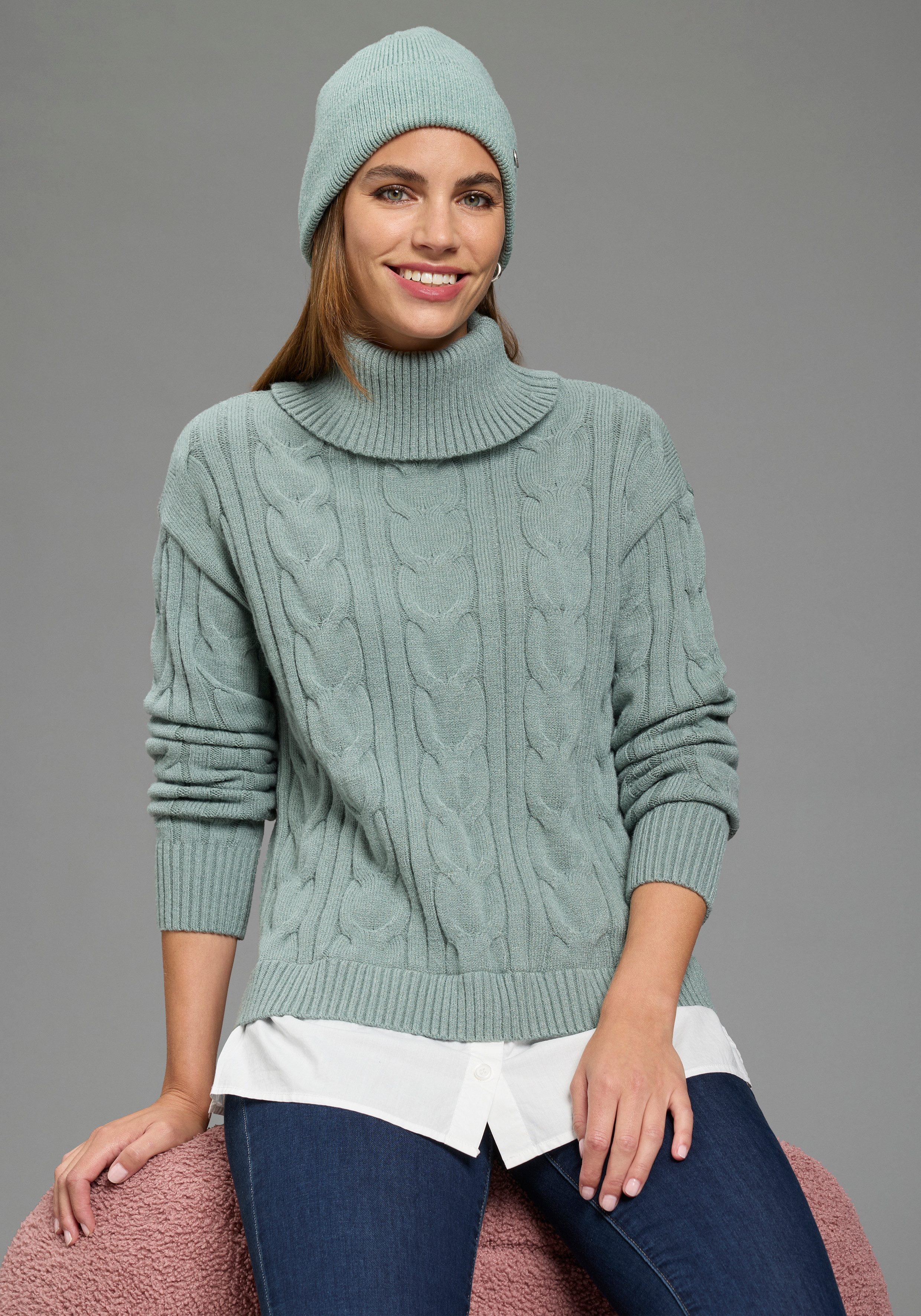 Laura Scott Rollkragenpullover mit Bluseneinsatz mit Zopfmuster