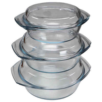 SIMAX Auflaufform Simax 3er Set Glas Auflaufformen mit Deckel Backofenfest, Glas, (6-St), 1x 1,0 Liter, 1x 1,5 Liter, 1x 2,0 Liter