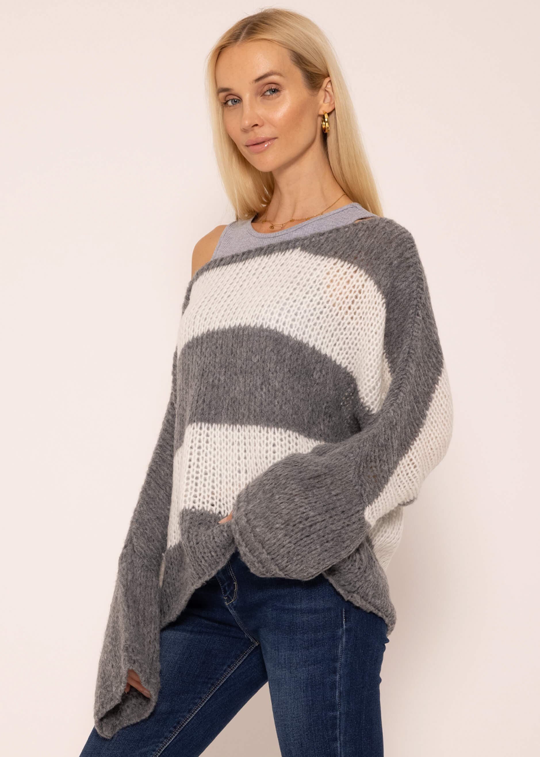 aus Damen lang Lässiger Grau Strickpullover Streifen, Made Pullover Grobstrick Oversize Italy weichem in SASSYCLASSY Strickpullover mit Weiß,