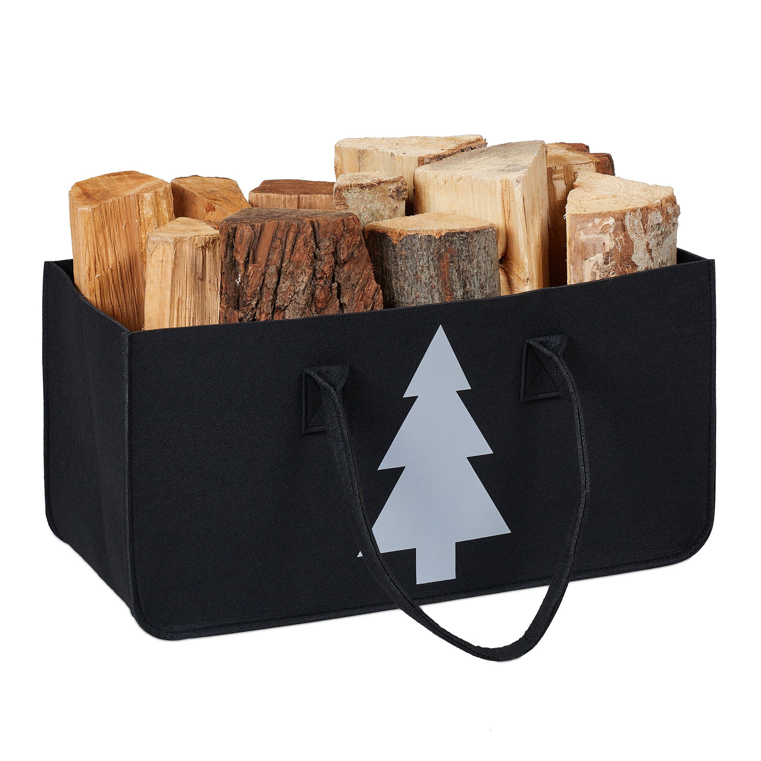 relaxdays Holztragetasche Schwarze Kaminholztasche Filz mit Motiv günstig online kaufen