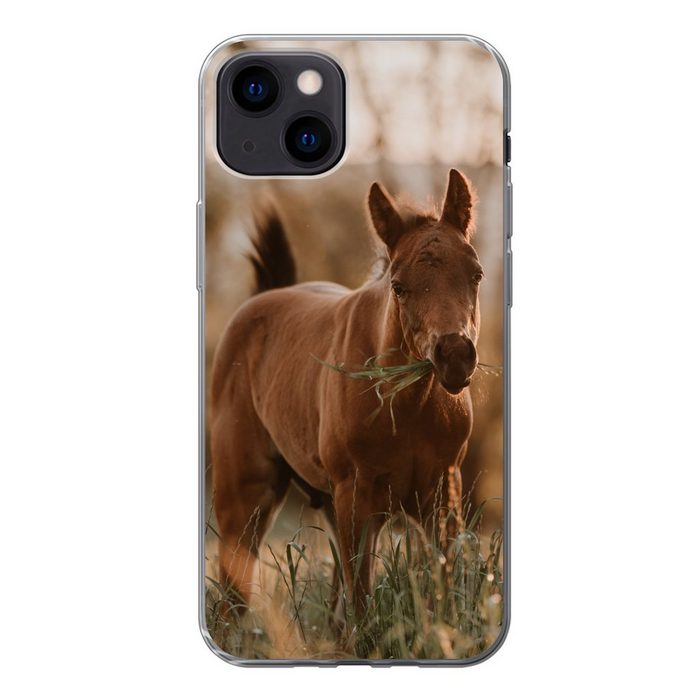MuchoWow Handyhülle Pferd - Sonne - Gras Handyhülle Apple iPhone 13 Mini Smartphone-Bumper Print Handy