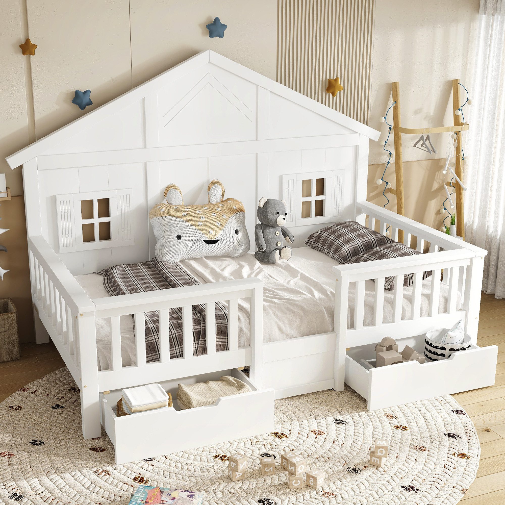Luckice Kinderbett 90x200cm Holzbett, Einzelbett,Zwei große Schubladen mit Rollen (Mit Schöne Fenster und Dach, Stabiler Lattenrost, Kiefer + MDF+Sperrholz), Kinderzimmer,Jugendzimmer,Platzsparend