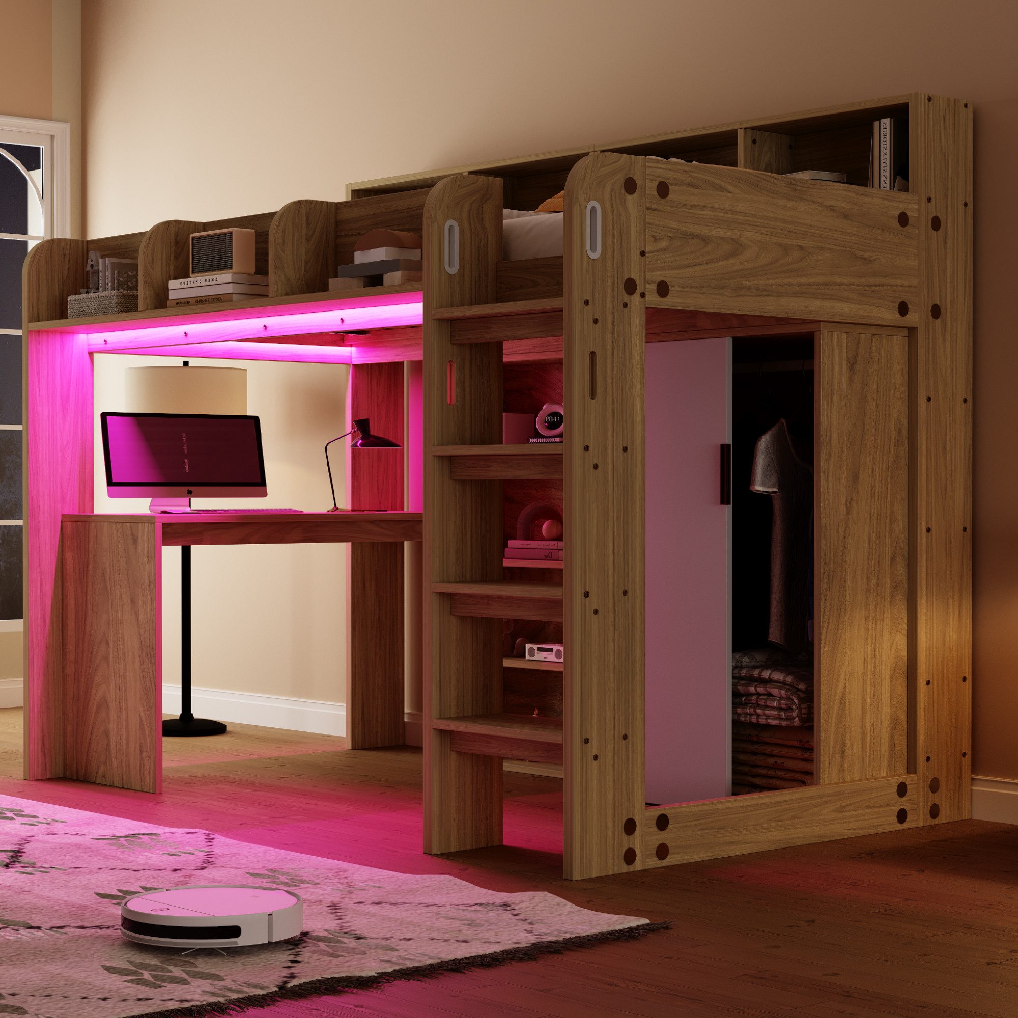Merax Hochbett mit LED-Licht und Steckdose, in Holzoptik (Etagenbett Jugendbett Einzelbett, 1-St) Kinderbett 90×200cm mit Schreibtisch, Kleiderschrank & Ablagef – Bild 4 von 5