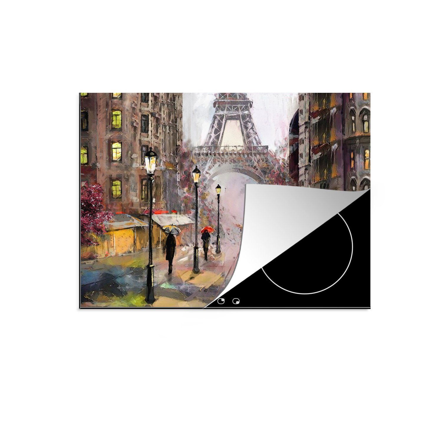 MuchoWow Herdblende-/Abdeckplatte Gemälde - Paris - Eiffelturm - Regenschirm - Ölgemälde, Vinyl, (1 tlg), 70x52 cm, Mobile Arbeitsfläche nutzbar, Ceranfeldabdeckung