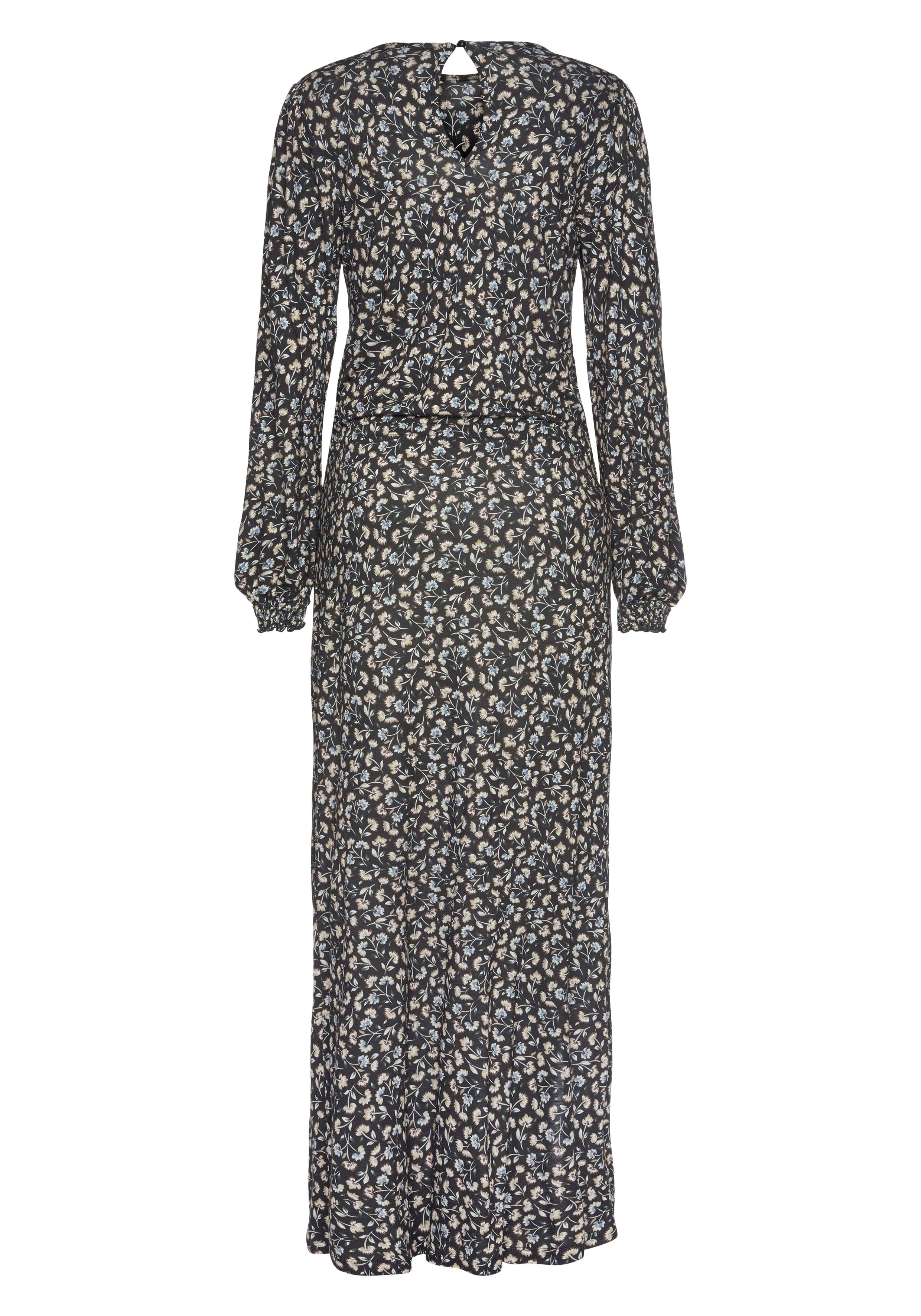 LASCANA Maxikleid mit Blümchendruck und Beinschlitz, Gummizug in der Taille, Druckkleid Langärmliges Jerseykleid, Blümchenkleid, Viskosekleid, Sommerkleid – Bild 4 von 5