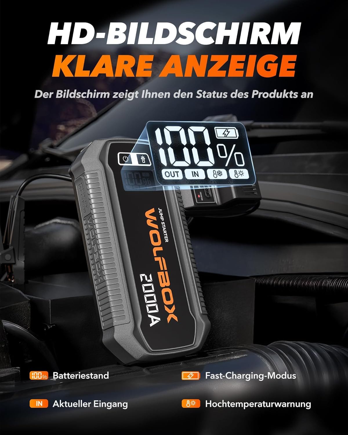 WOLFBOX 2000/4000 A Jump Starter, 12V Car Jump Starter with LED Flashlight (12V, 1 pc), with High-Resolution LCD Screen